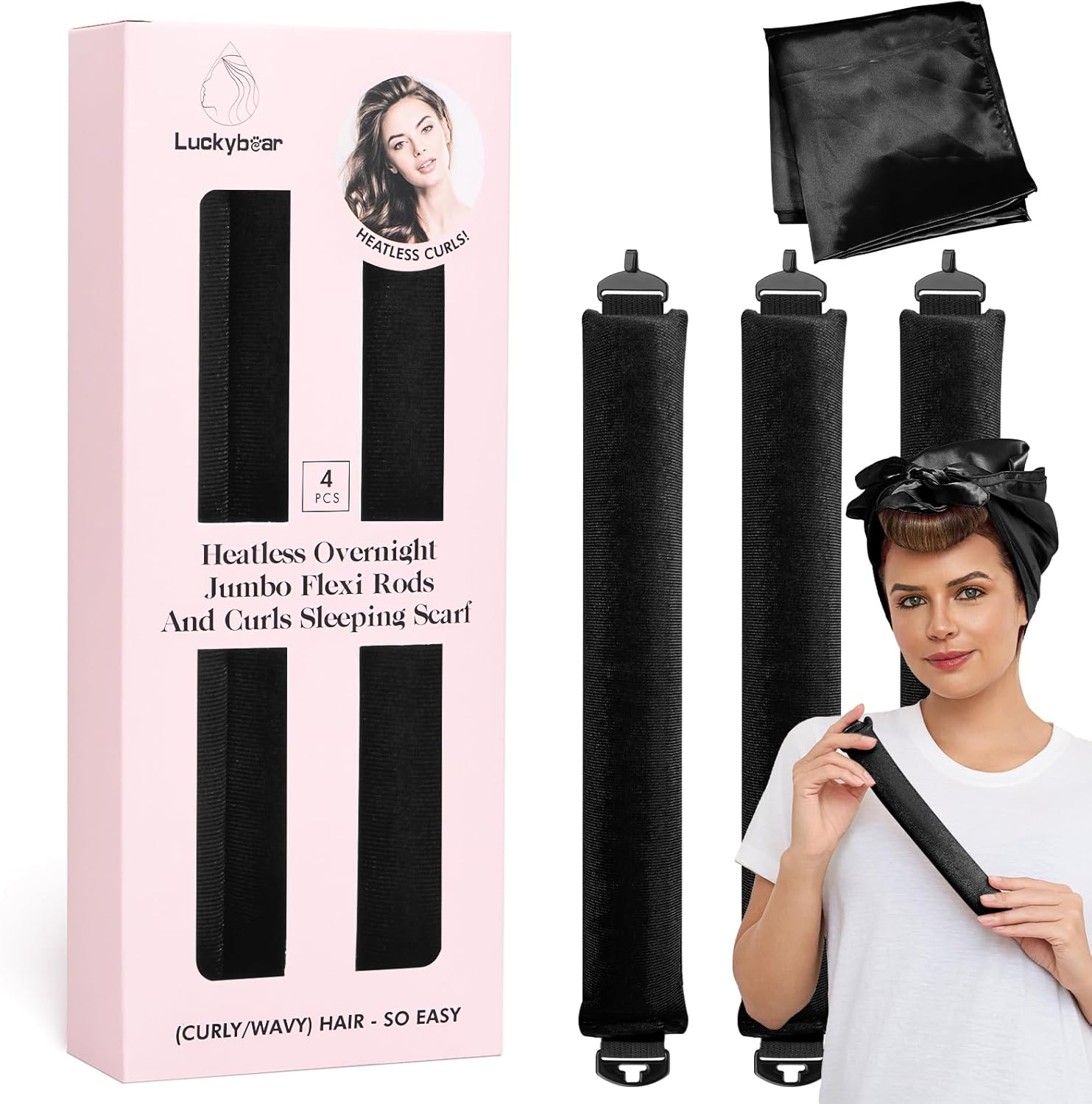 Heatless Curls Overnight Rods Jumbo Set, Heatless Hair Curler Velvet Satin Jumbo Flexi Rods to Sleep In, No Heat Overnight Sleeping Blowout Curls Wave Styling Tools with Silk Scarf 4Pcs Dark Pink