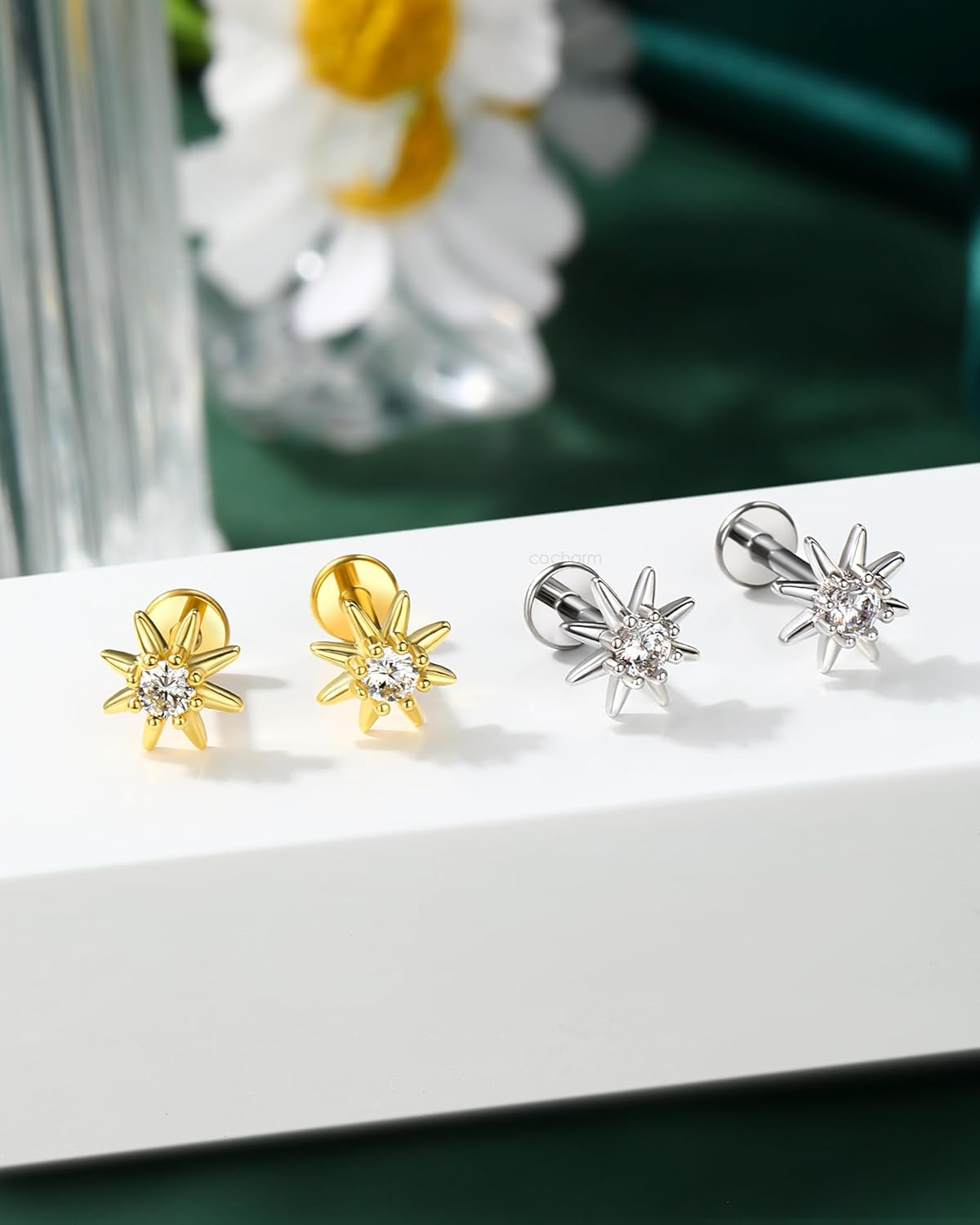 COCHARM Helix/Tragus/Conch/Cartilage Piercing Jewellery 16G 6Mm/8Mm - Threadless Star Tragus/Cartilage Earring Stud with Flat Back, Push Pin Surgical Steel Lobe Jewellery in Gold & Silver image number 4