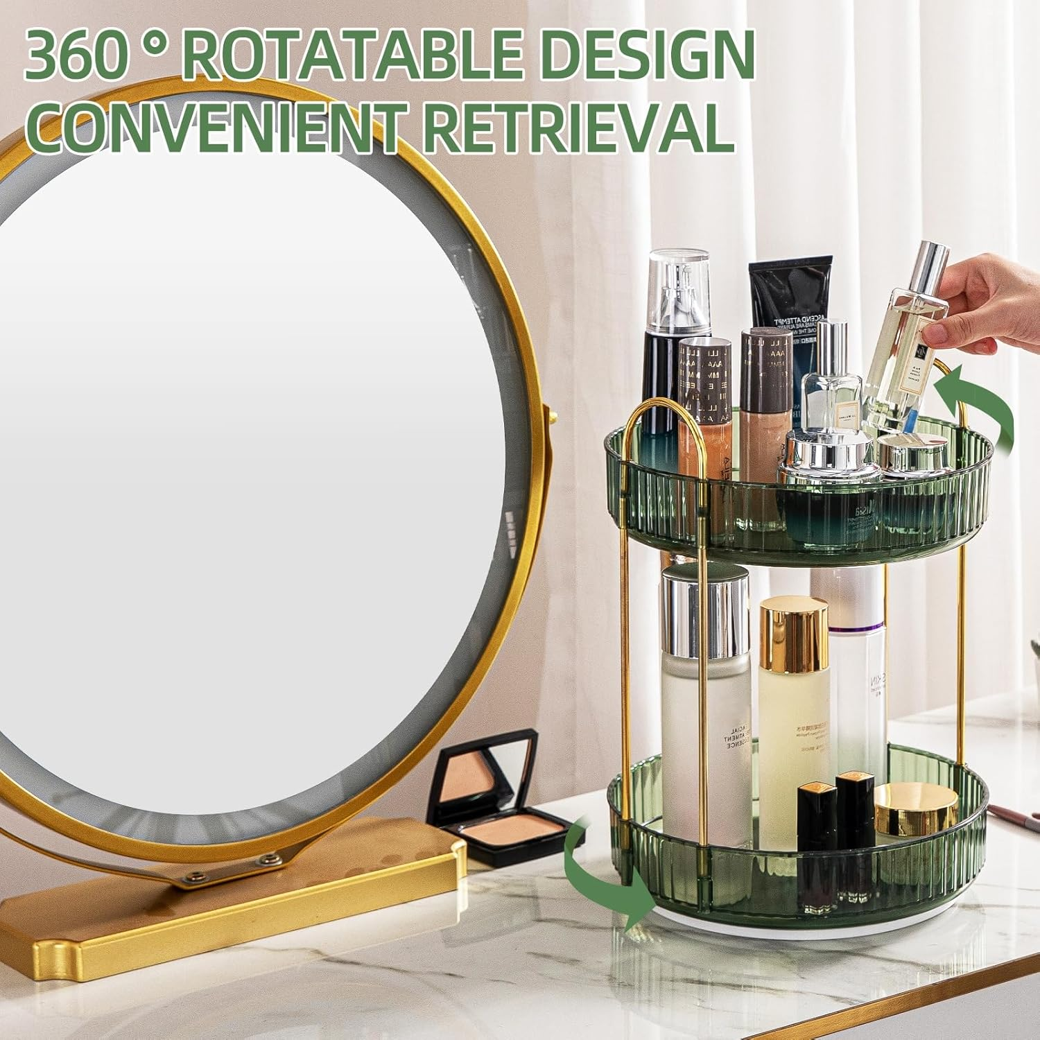 Makeup Organizer for Vanity, 360&deg; Rotating Bathroom Organizer Countertop, High-Capacity Skincare Organizer, Spinning Cosmetics Organizer for Dresser Countertop (2 Tiers, Green) image number 7