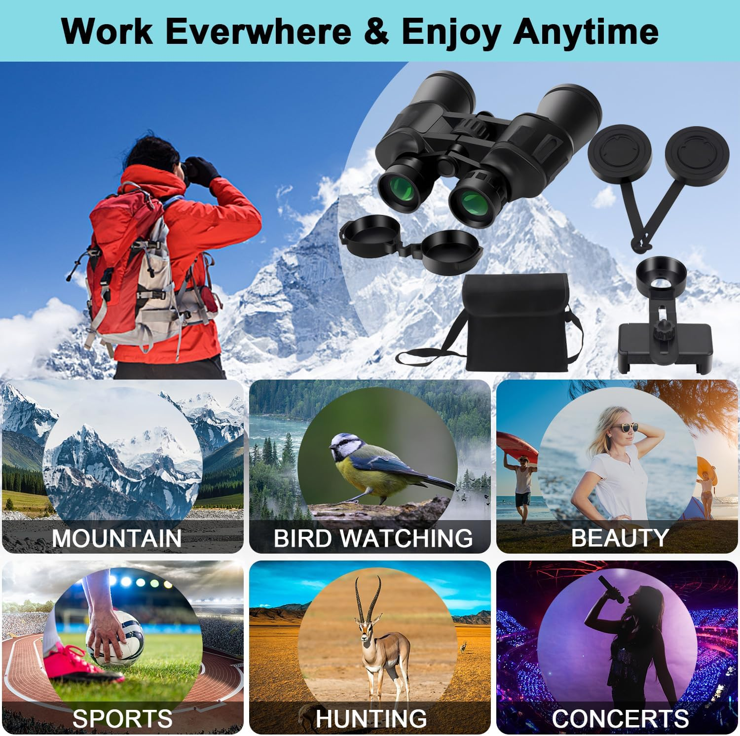 20X50 HD Binoculars for Adults with Phone Adapter, Waterproof Binoculars with Low Light Vision, Binoculars for Hiking, Bird Watching, Sports and Concerts image number 2