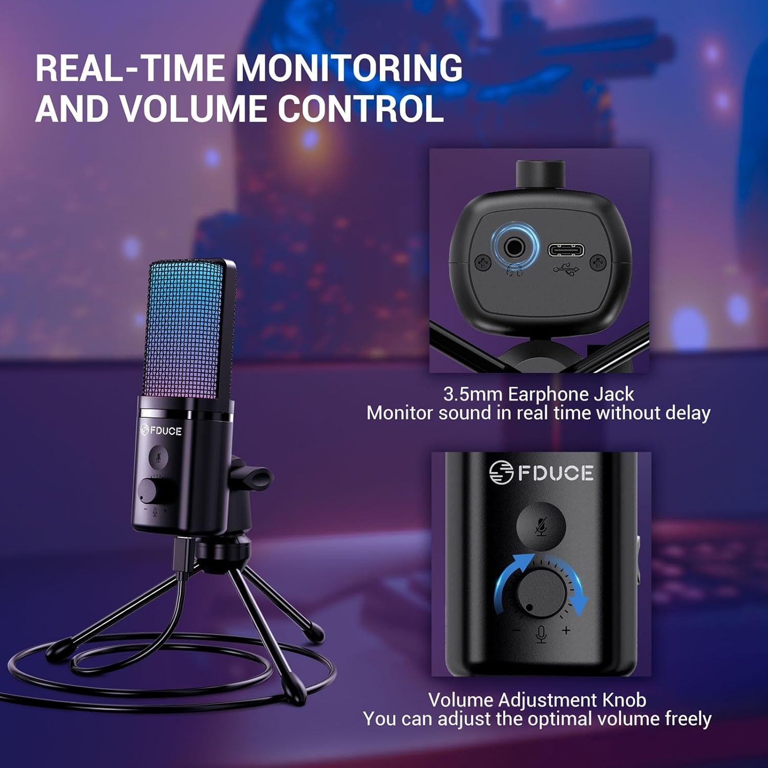 FDUCE M160 Gaming USB Microphone,Rgb Condenser Microphone with Tripod,Volume Adjustment and Mute Button Function,Compatible with Pc,Laptop,For Gaming,Podcasting,Streaming,Youtube - Rgb（Kit） image number 6