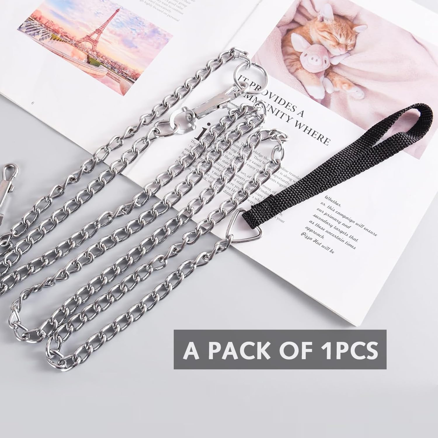 Heavy Duty Metal Dog Leash Training Leash with Padded Nylon Handle Bite Resistant Pet Leash for Large Medium Dogs 120Cm/3Mm - Black image number 2