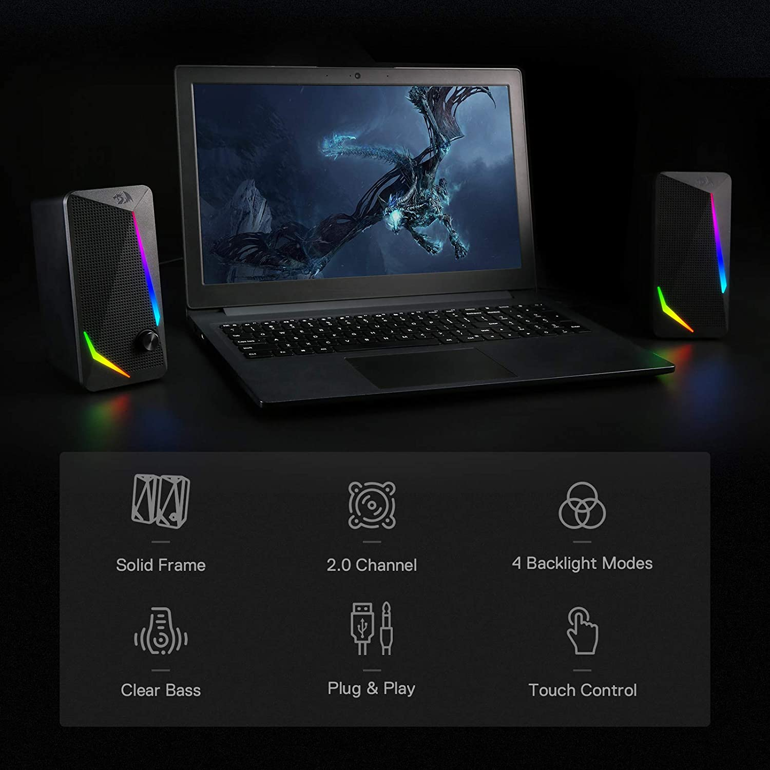 Redragon GS510 Waltz RGB Desktop Speakers, 2.0 Channel PC Computer Stereo Speaker with 4 Colorful LED Backlight Modes, Enhanced Bass and Easy-Access Volume Control, USB Powered W/ 3.5Mm Cable image number 4