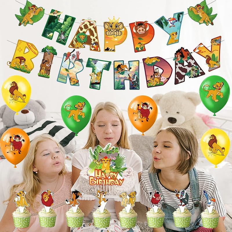 Dinoeye Lion King Birthday Decoration Pack: 17Pcs Cake Toppers, 1Pcs Banner, 18Pcs Balloons (Berry, Yellow) image number 3