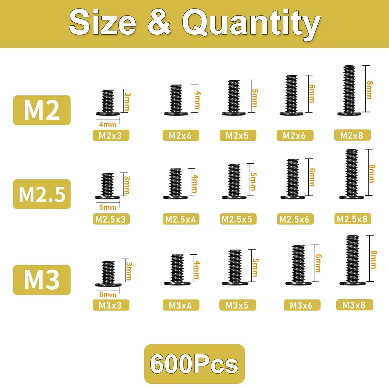 600Pcs Laptop Screws Black Carbon Steel Fasteners Flat Head Machine Screw M2 M2.5 M3 Notebook Computer Screws Kit for SSD HDD Hard Drive Mounting Electronic Repair Screws image number 2