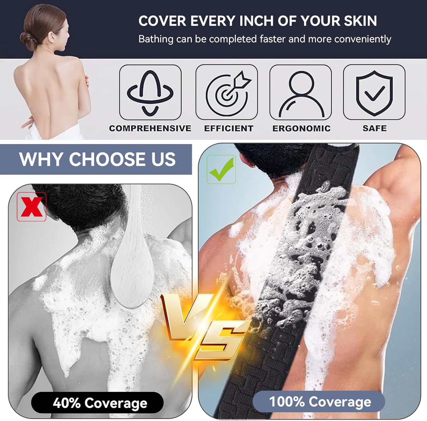 Exfoliating Back Scrubber for Shower,100Cm Double-Sided Bath Scrubber with Handles, Deep Cleaning Body Washcloth for Men & Women, Long Handle Exfoliator for Smooth Skin, Soft & Durable (Black) - Black image number 2