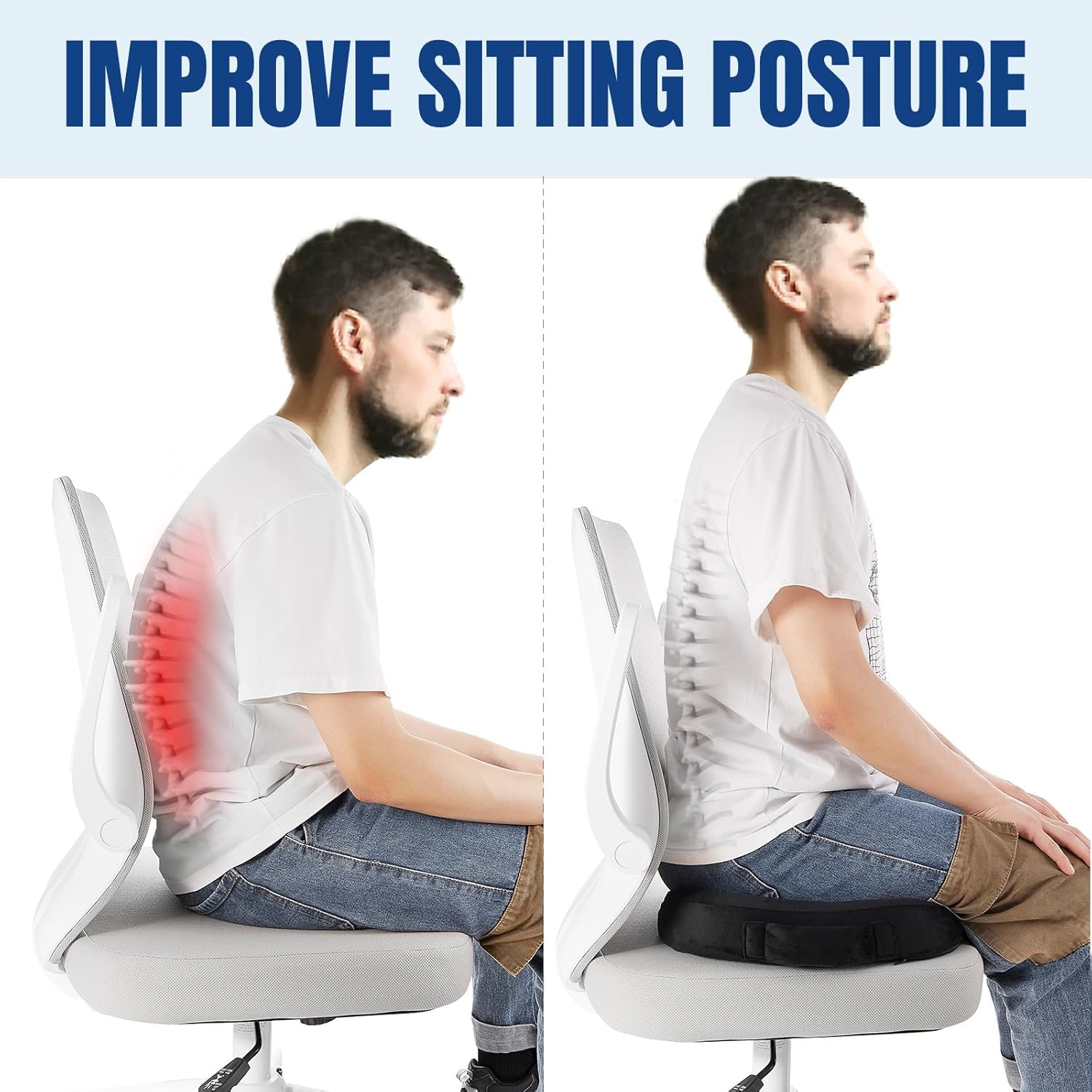 Seat Cushion for Office Chair, JOMWEN Memory Foam Non-Slip Cushion for Back Coccyx Tailbone Pain Relief, Butt Pillow for Office Chair, Car, Airplane, Black image number 4