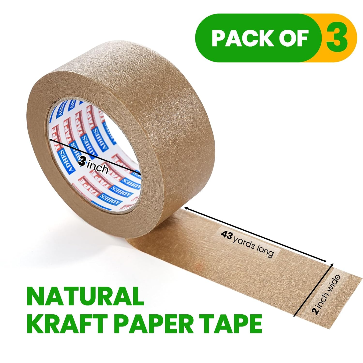 ADHES Heavy Duty Paper Packing Tape Kraft Paper Tape, Eco Friendly & Biodegradable, Writable & Uncoated Brown Packing Tape for Masking, Sealing, and Packaging Use, 50Mm X 40M, 3Rolls image number 1