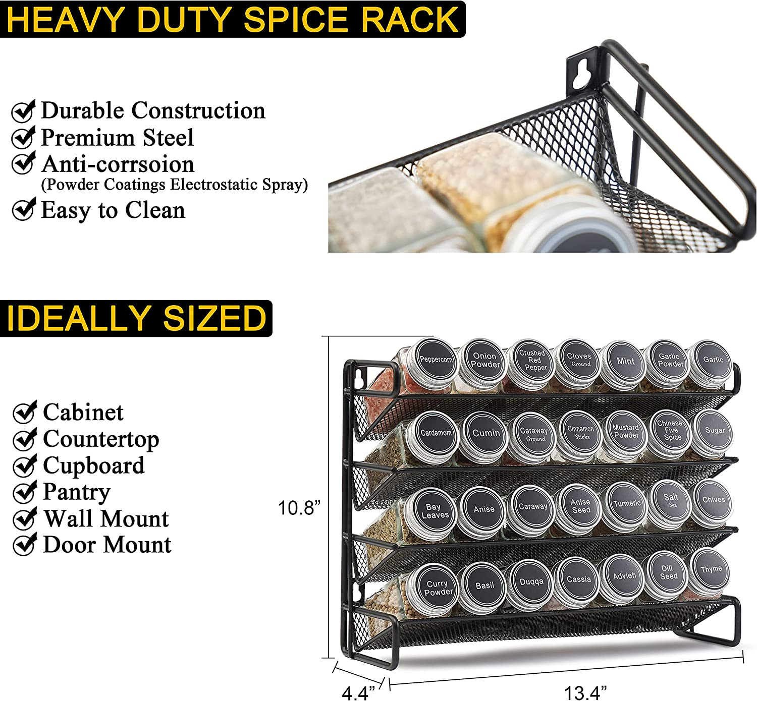 Spaceaid Spice Rack Organizer with 28 Spice Jars, 386 Spice Labels, Chalk Marker and Funnel Set for Cabinet, Countertop, Pantry, Cupboard or Door & Wall Mount - 28 Jars, 13.4" W &times; 10.8" H, Black image number 2