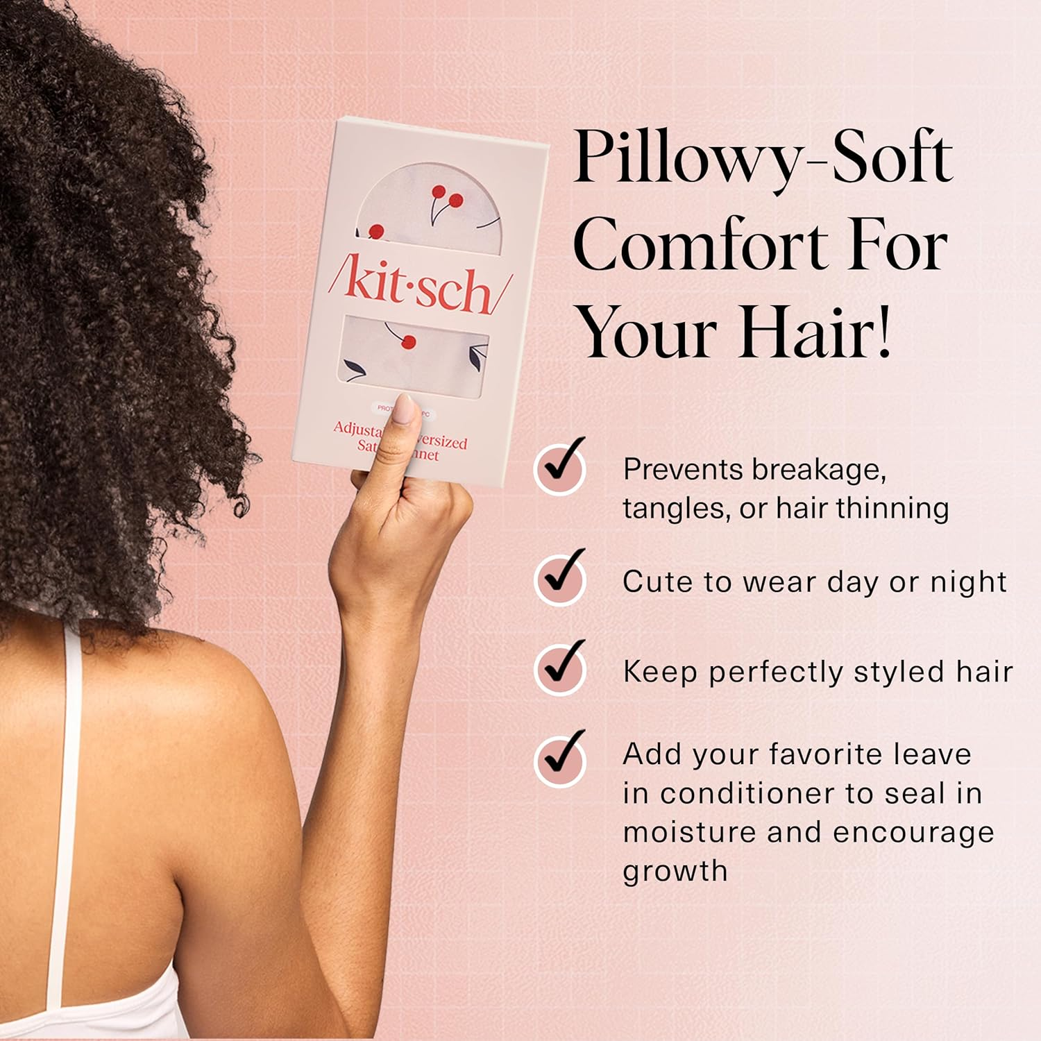 Kitsch XL Satin Bonnet for Sleeping - Softer than Silk Bonnet for Sleeping Women - Secure Fit, Adjustable, Night Cap for Curly & Textured Hair - Prevents Breakage, Tangles & Thinning - Cherry Print image number 4