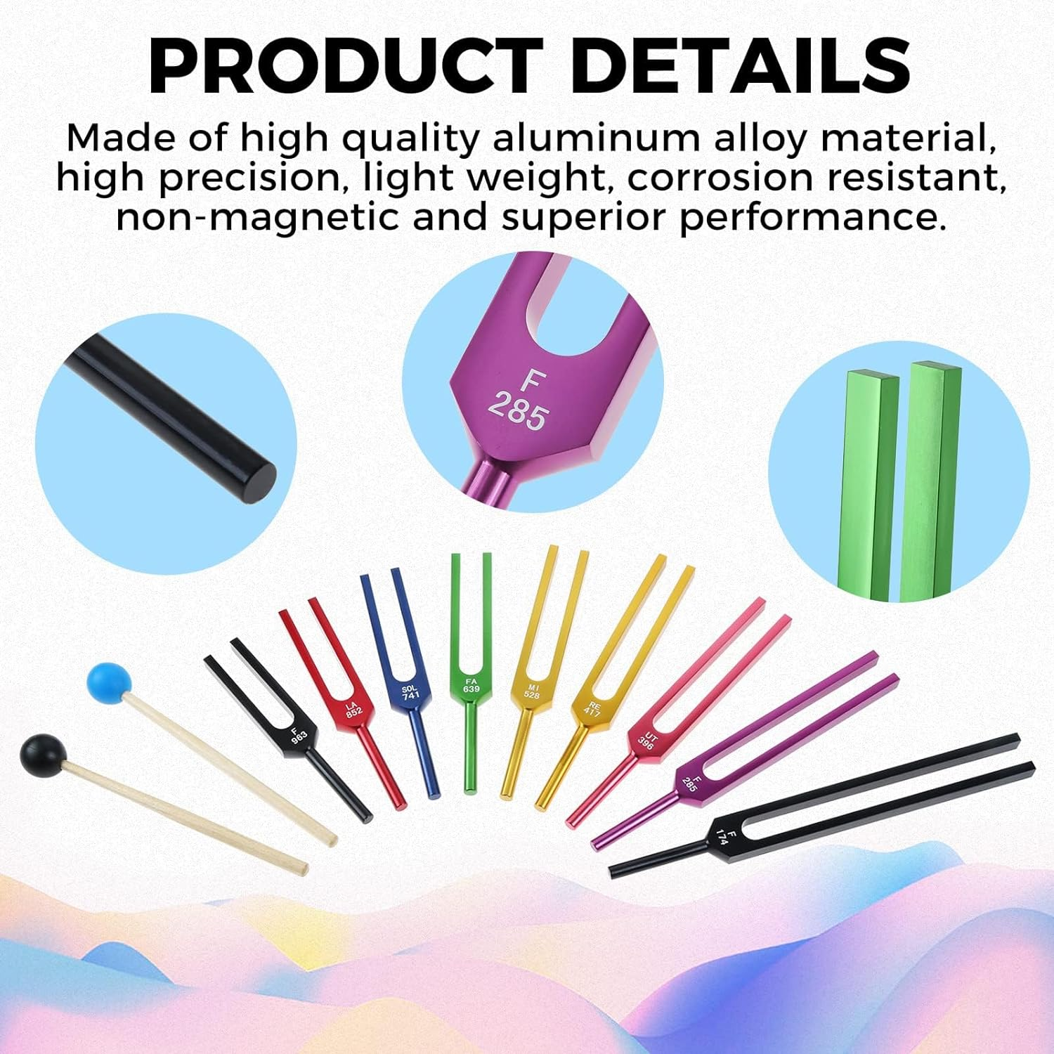 Solfeggio Tuning Fork Set for Healing, Vibration, Sound Therapy, 9 PCS Color Tuning Forks for with 2 PCS Silicone Hammers, Storage Bag(174Hz, 285Hz, 396Hz, 417Hz, 528Hz, 639Hz, 741Hz, 852Hz, 963Hz) image number 1