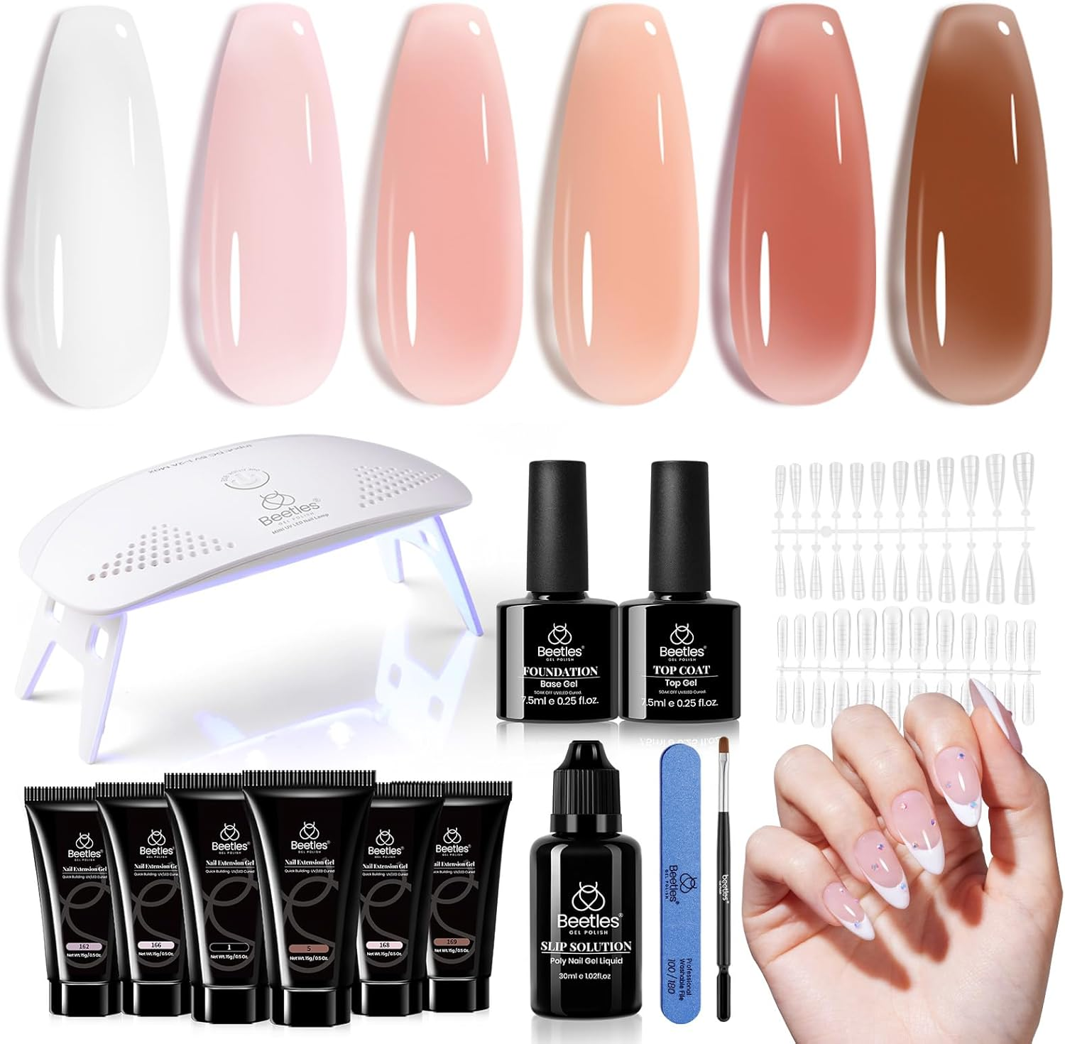 Beetles Gel Polish Poly Nail Gel Kit with Uv Light Starter Kit-6 Colors Clear Nude Pink Neutral Spring Colors All in One Kit Poly Nail Extension Gel Set Builder Hybrid Jelly Gel with Base Top Coat image number 4