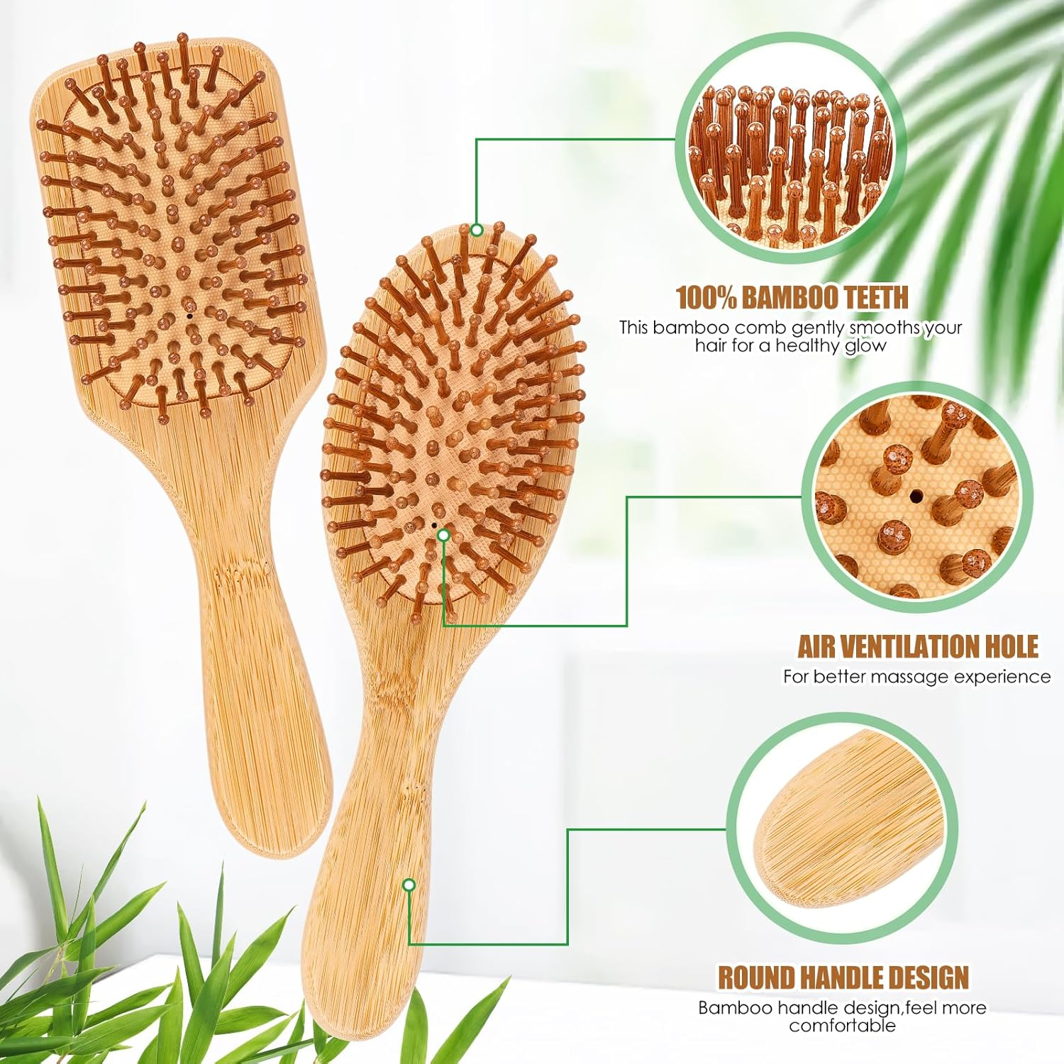 AKONE Bamboo Hair Brush, Pack of 2, Natural Wooden Hair Brushes, round Head, Bamboo Teeth, Air Cushion, No Hair Damage, Portable Hair Massage Brush, Women'S Eco-Friendly Hair Care, Female Personal Use