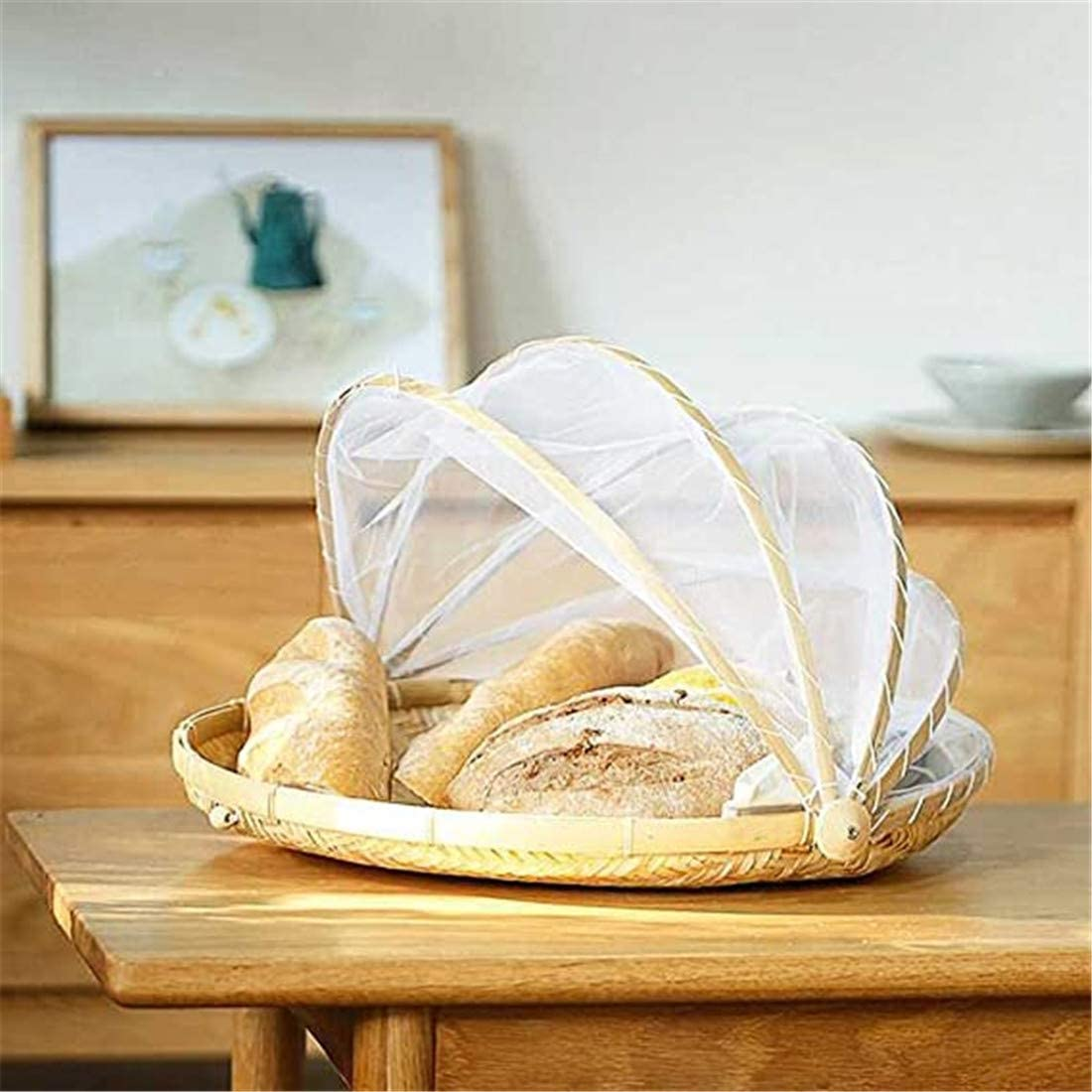 Hand-Woven Bamboo Tent Basket with Mesh Gauze Cover - Insect Proof, Dustproof round Picnic Basket for Vegetables, Fruits, Bread (40 Cm) image number 4