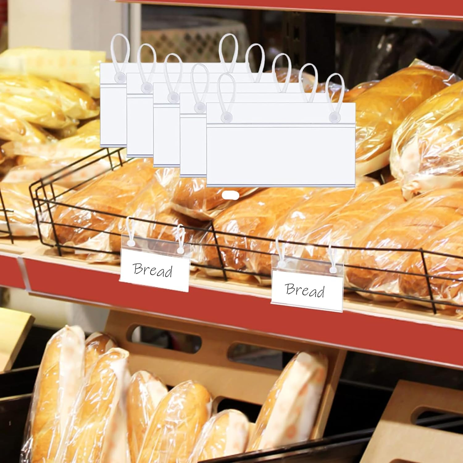 Plastic Wire Shelf Label Holders - 10 X 5.5CM Clear Price Tag Holder Sign & Ticket Holder with Double Snap Lock Closure, Reusable Basket Label Holders for Market, Retail Shop, Pantry 20 Pack image number 4