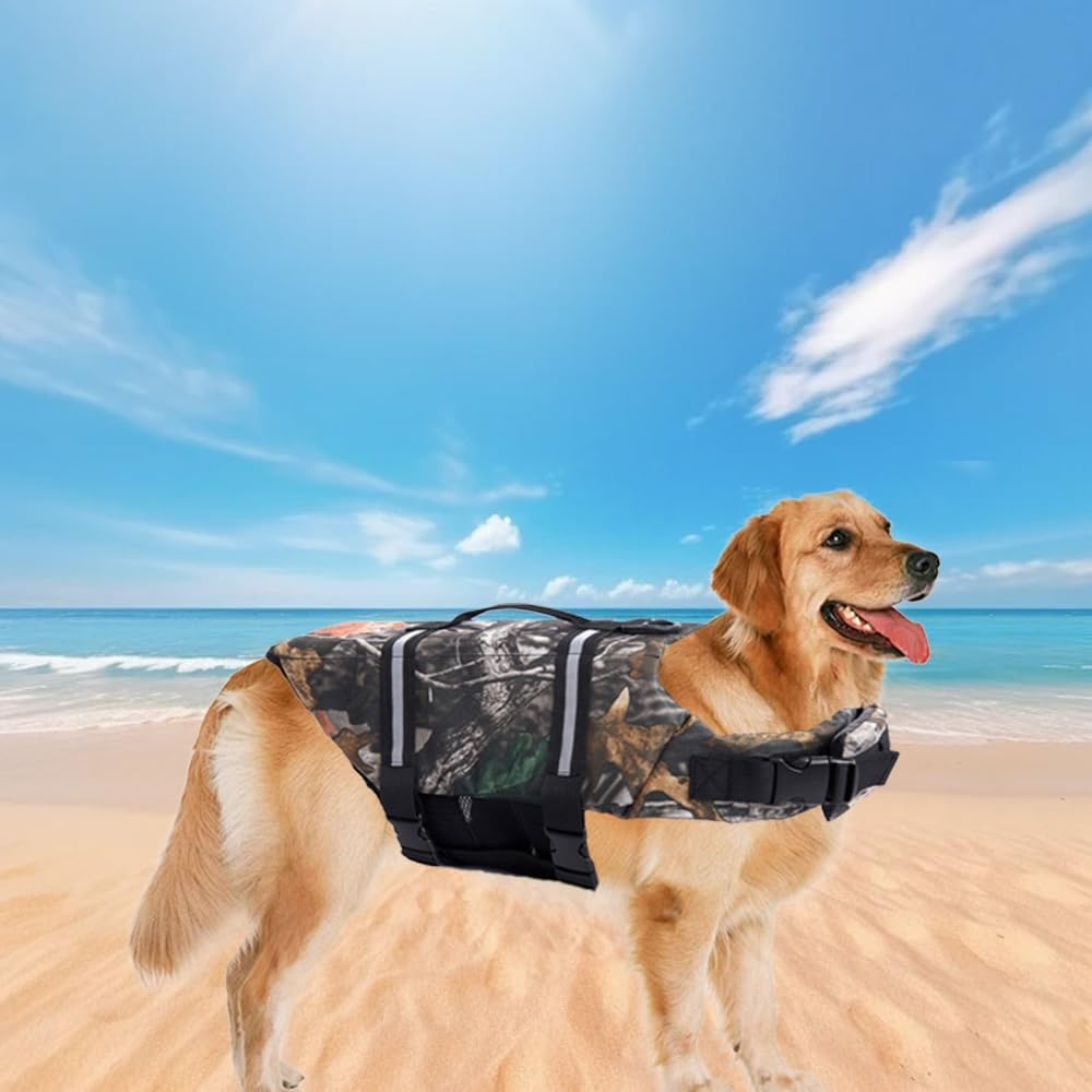 Dog Life Jacket, Camouflage Pet Life Vest with Adjustable Buckles, High Flotation Camo Dog Life Preserver Jacket, Lift Handle Ripstop Lightweight Dog Swimsuits for Small and Medium Breeds image number 4