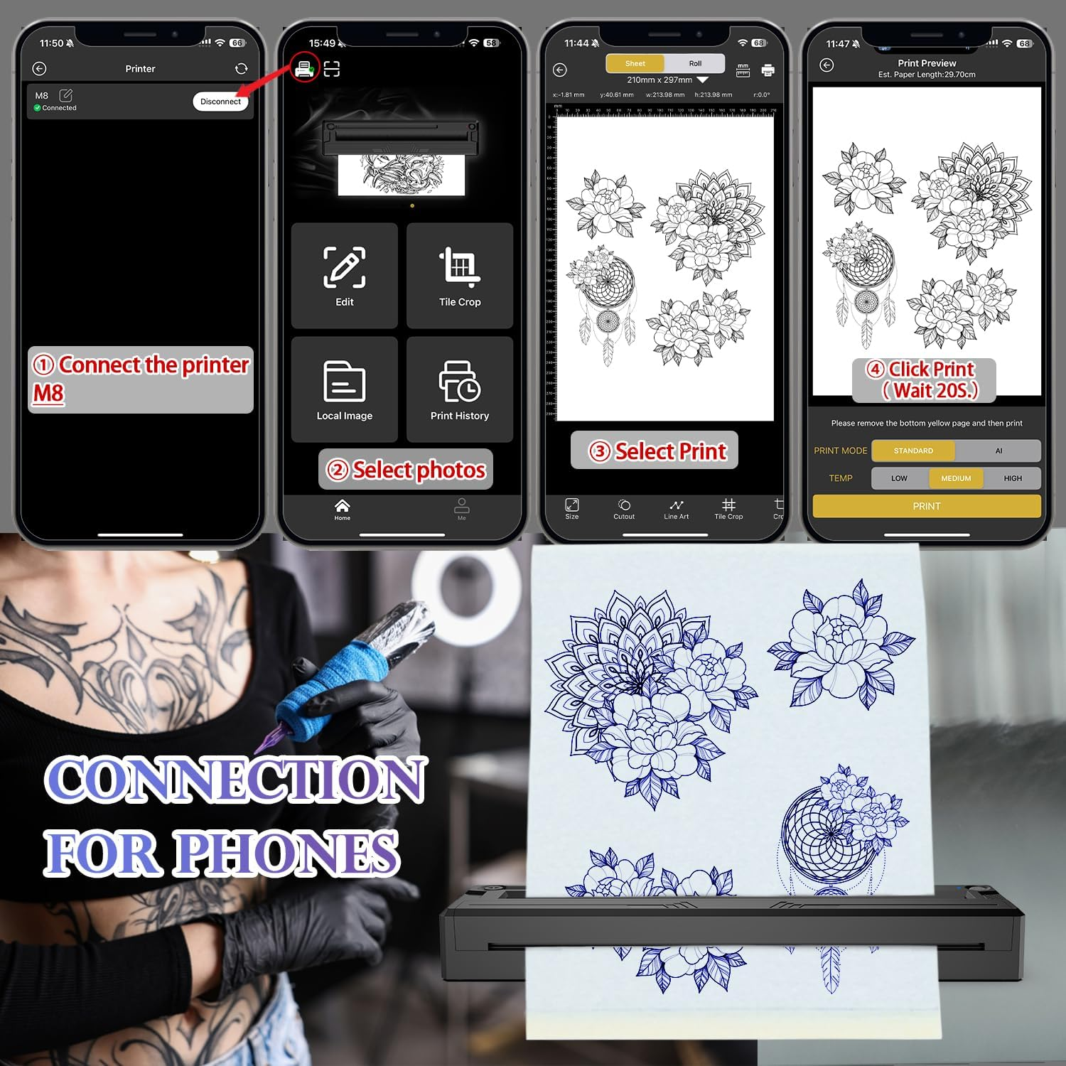 M8 Wireless Tattoo Stencil Printer, Portable Bluetooth Thermal Tattoo Printer Application Custom Size&le; A4, Print Realistic Portraits Included, 10 Transfer Papers, Works for Phone/Tablet/Pc (Black) image number 1