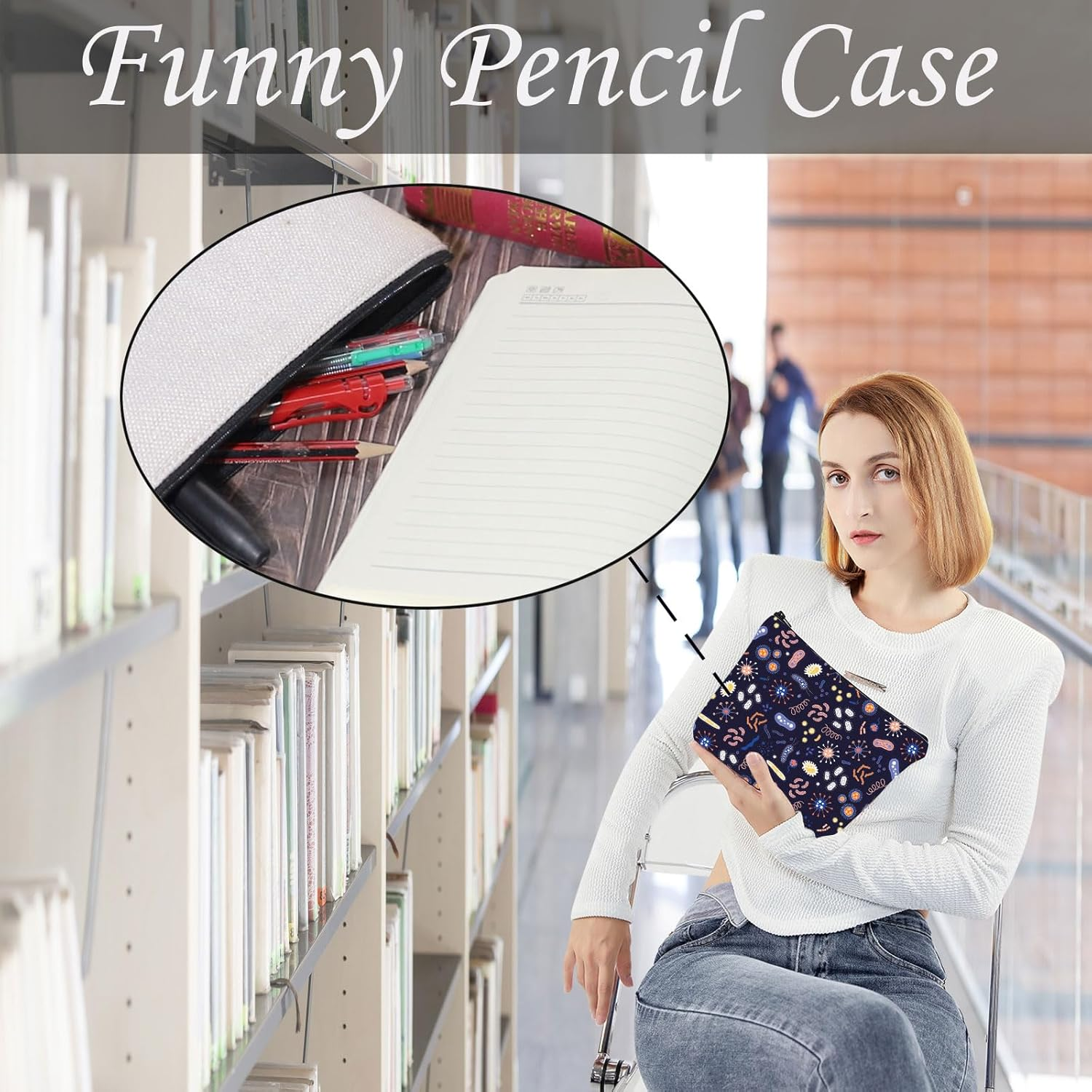 LEVLO Microbiology Bacteria Makeup Bag Science Art Biologist Reusable Book Cosmetic Bag Gift for Teacher, Microbiology, Daily