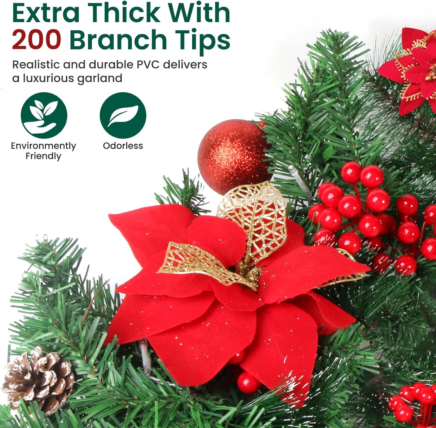 9Ft Christmas Garland with 30 Leds, Artificial Indoor/Outdoor Decorations, PVC & Rattan Material, Red Color, Perfect for Trees, Fireplace, Doors & More image number 3