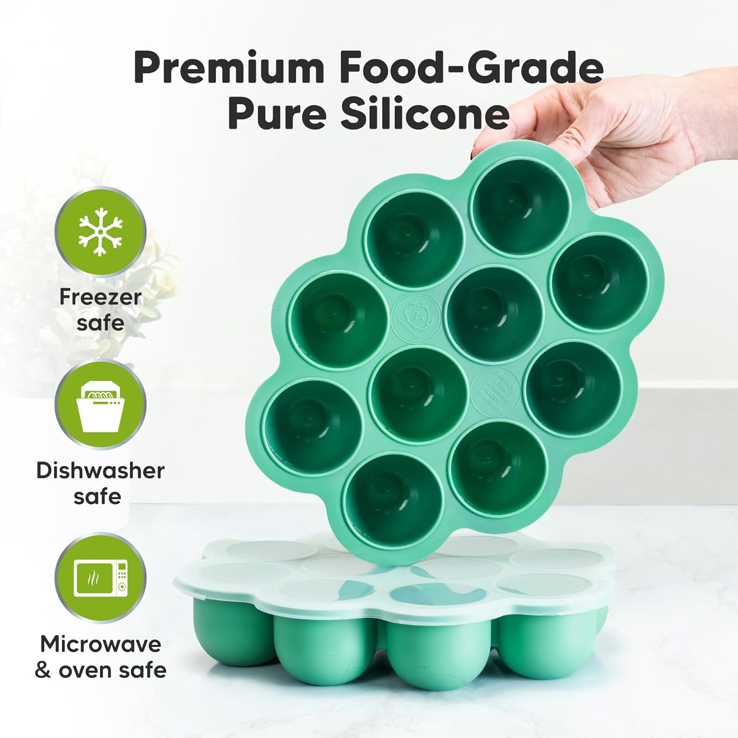 60Ml X 10 Pods Silicone Baby Food Freezer Tray with Clip-On Lid - Baby Food Storage Containers - Baby Food Tray, Baby Freezer Food Storage, Bpa-Free Puree Freezer Tray (Alpine Green) - Blossom image number 3