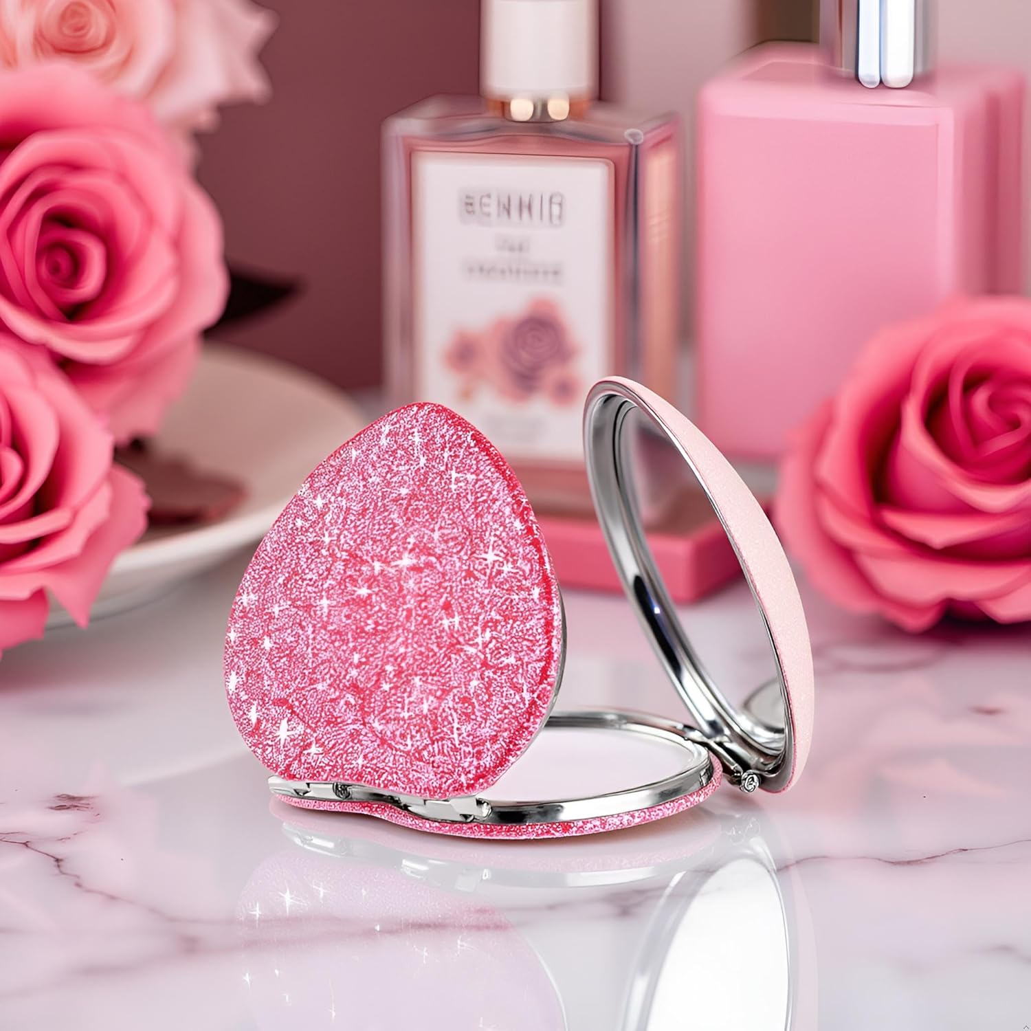 Compact Folding Mirror Heart Shaped Magnifying Mini Vanity Mirror Portable Travel Makeup Mirror for Purse Double-Sided Cute Glitter Cosmetic Mirror for Women Handbag Wallet Home Office Mirrors