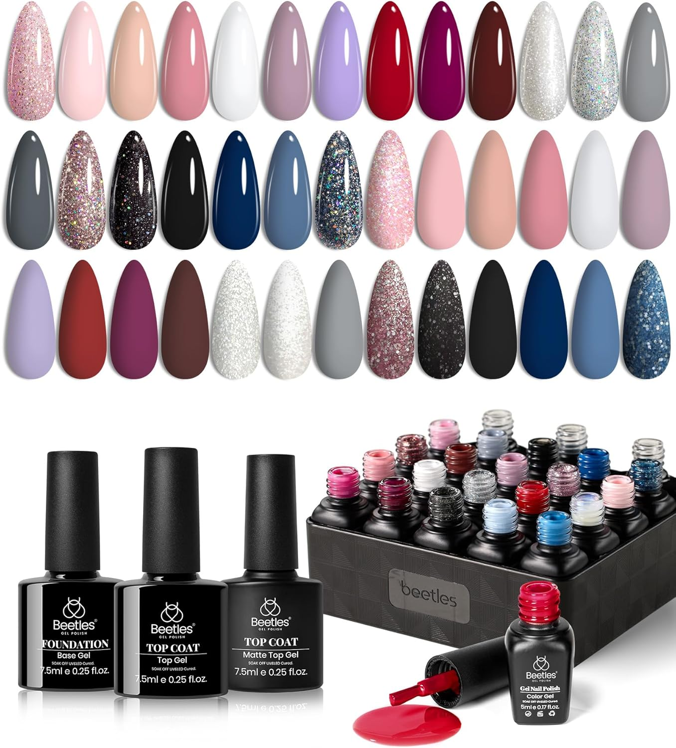 Beetles 20 Pcs Gel Nail Polish Kit, Modern Muse Collection Nude Gray Pink Blue Glitter Gel Polish with Glossy & Matte Top Gel Base Coat Soak off LED Gel