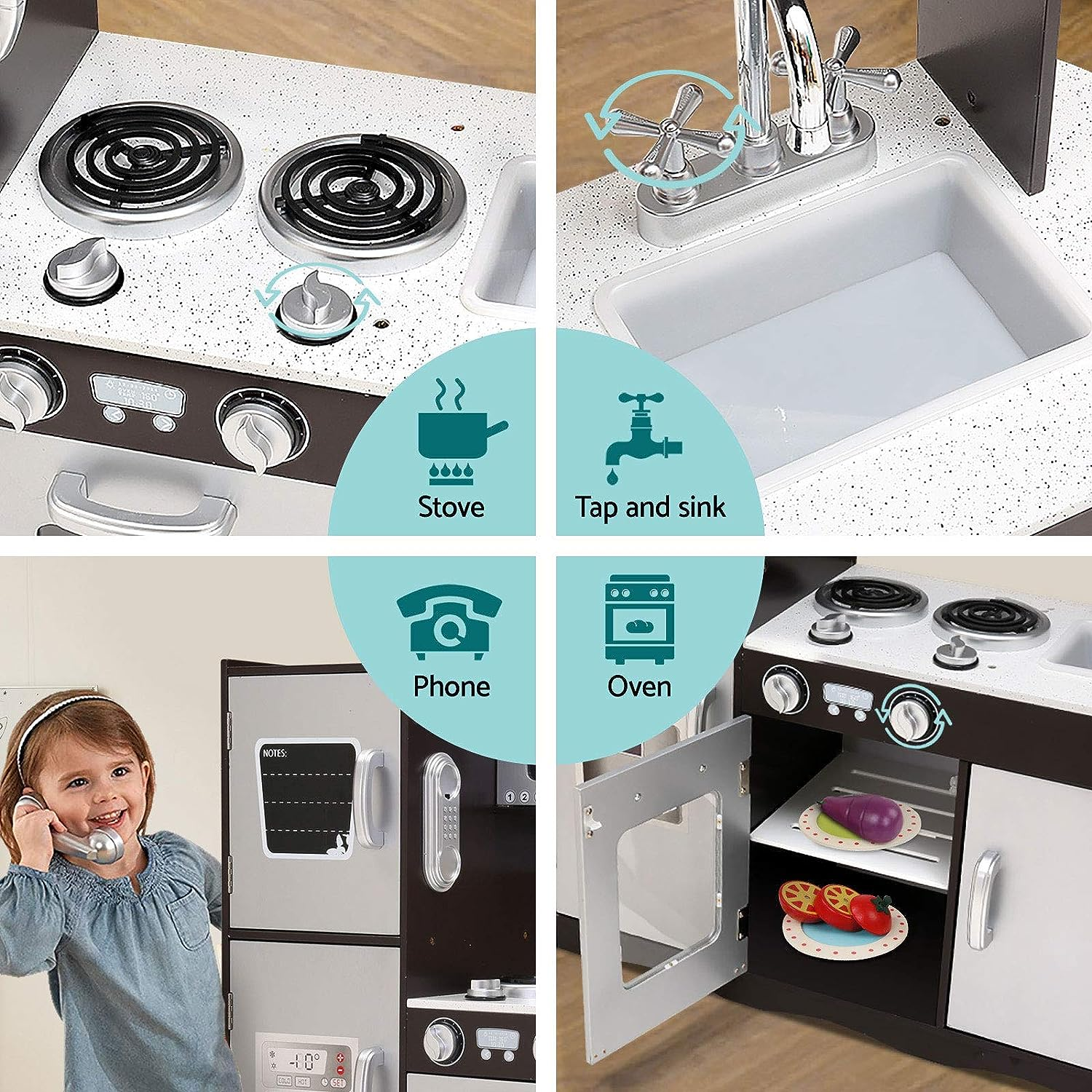 Keezi Kids Kitchen Set Pretend Play Food Playset Wooden Toys Mud Kitchens Children Cooking Cookware Sets Toy Home Cubby House Furniture for Boys Girls, Easy Cleaning White image number 1