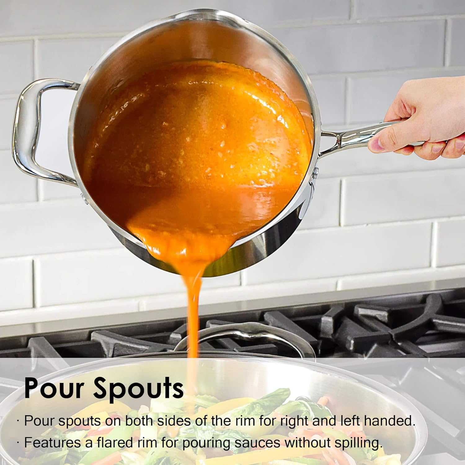 Rorence Stainless Steel Saucepan with Pour Spout & Glass Lid with Strainer - 3.7 Quart image number 5