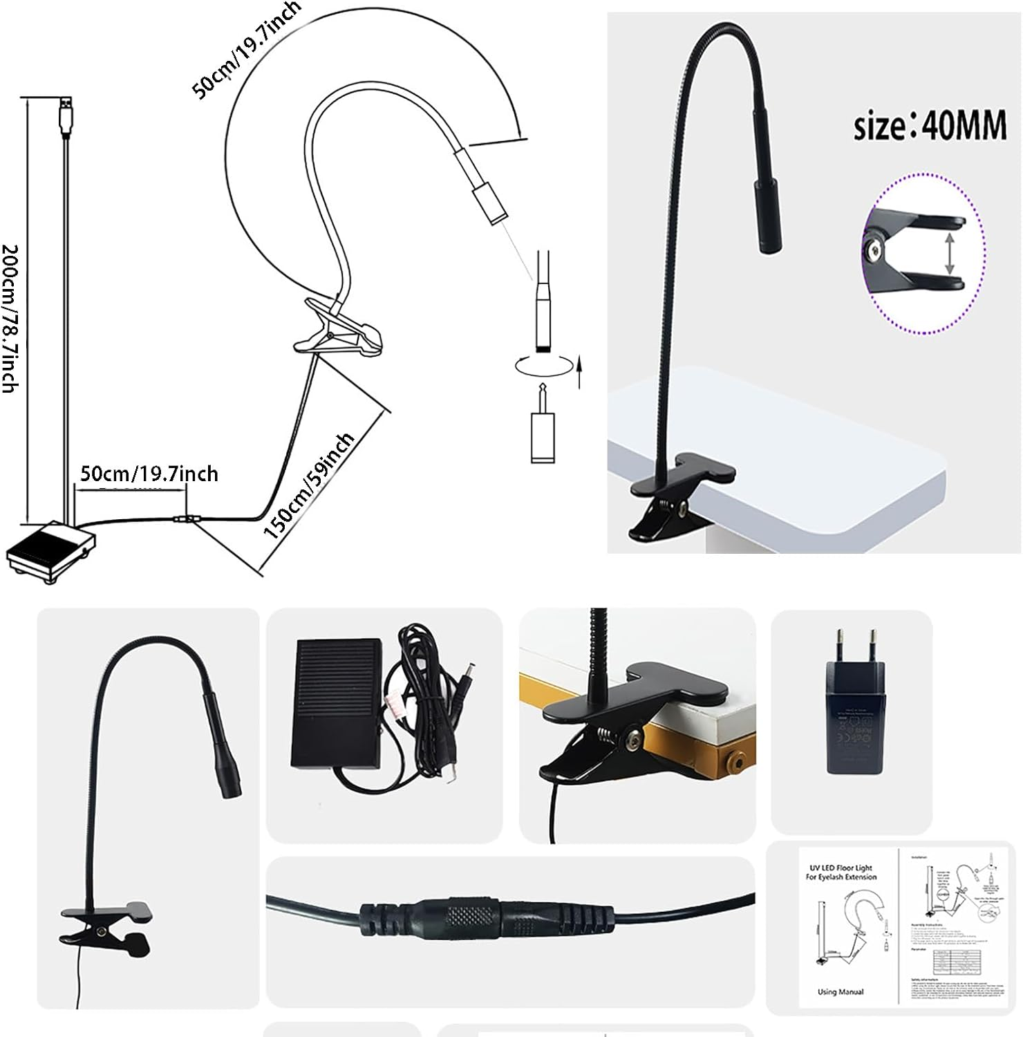 Uv Light UV Eyelash Extension Lamp 5W Flexible Gooseneck UV Nail Lamp 395 to 400Nm USB Charging UV Lash Light with Adjustable Spot Size UV Gel Curing Lamp with Clamp & Foot Pedal Switch image number 5