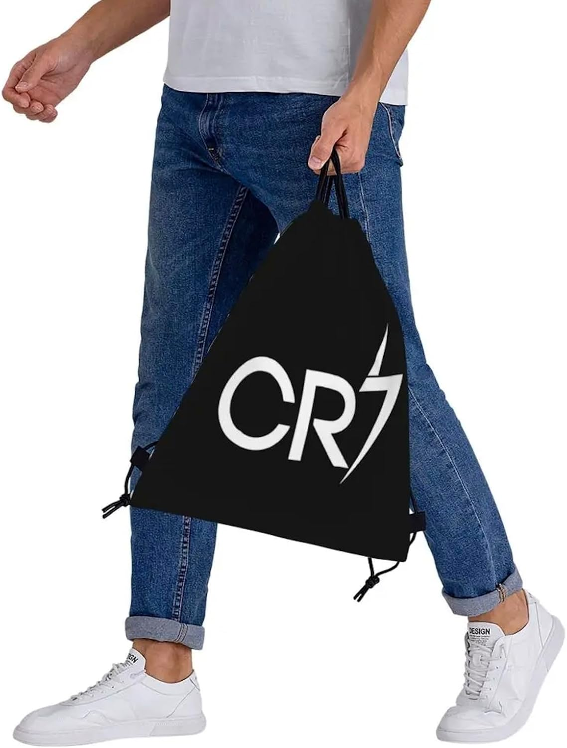EZB Football Legend CR7 Drawstring Ronaldo Bag | 36X30Cm Midi Sized Backpack | Multi-Use: Sports Kits, PE Kits, Gym, Lunch, Holiday, Beach, Soccer Pump Bag | CR7 Bag, Black, 36X30Cm