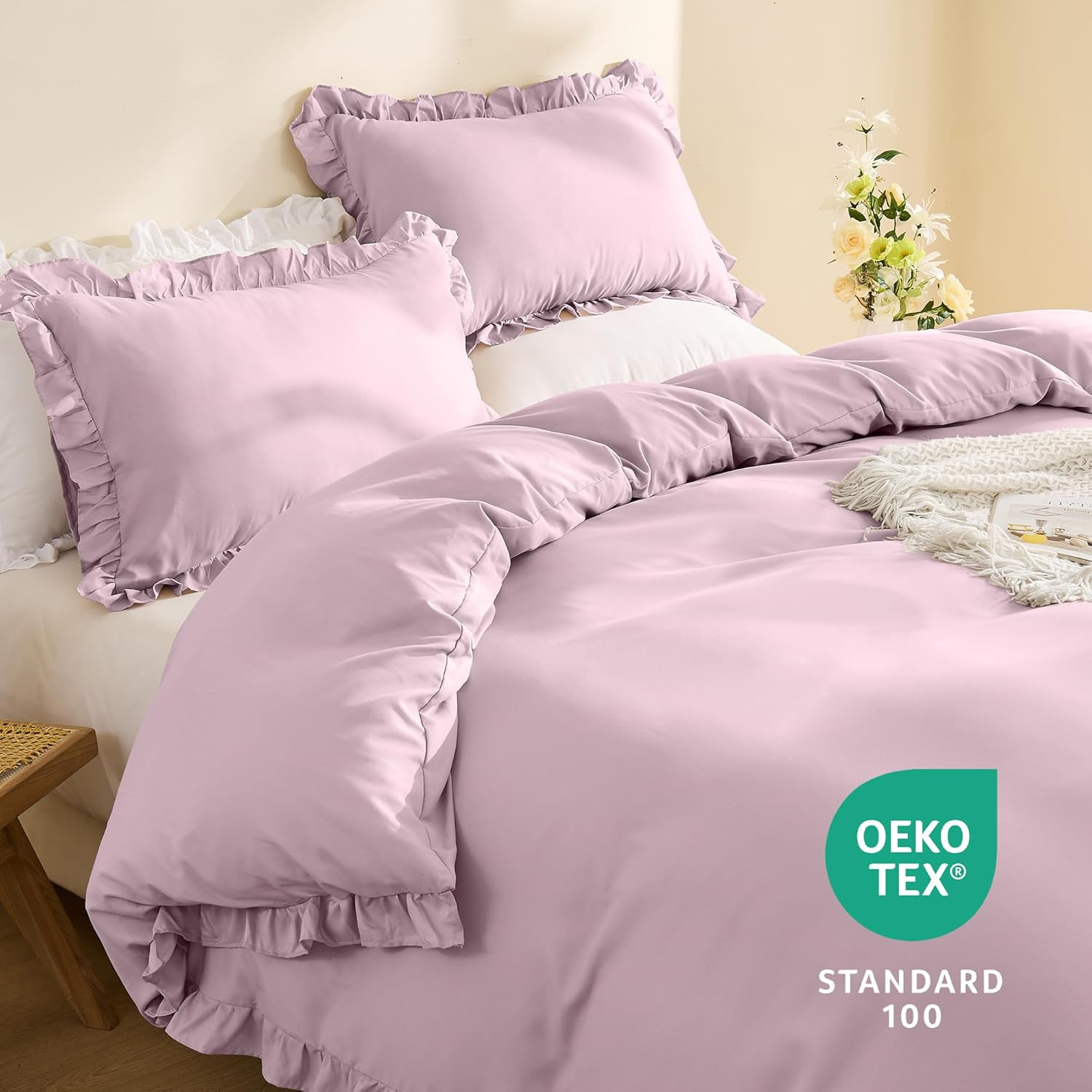 LINENOVA Ruffle Quilt Cover Set King &ndash; Ultra Soft 2000TC Microfibre Duvet Doona Cover with Corner Ties & Button Closure &ndash; 3-Piece Bedding Set with 2 Pillowcases - Light Pink