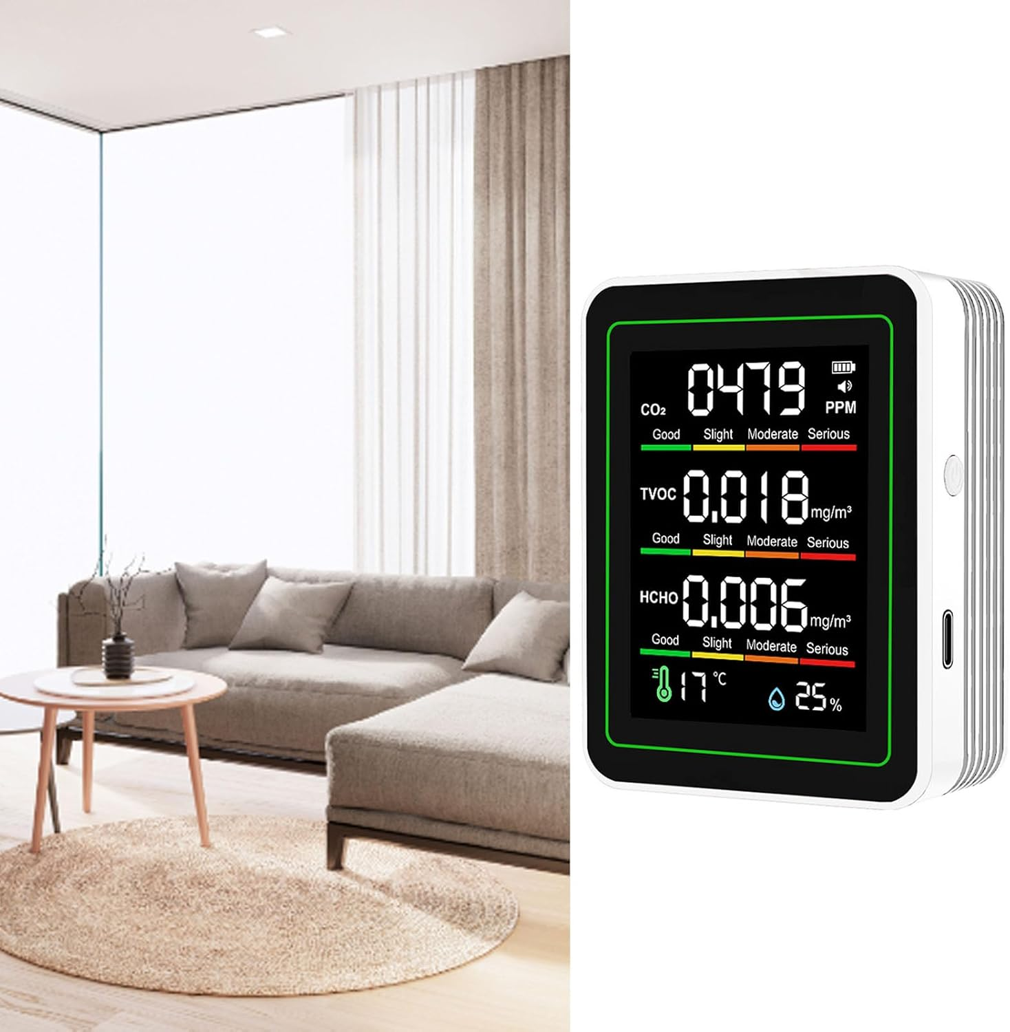 Dpofirs 5 in 1 Air Quality Monitor, CO2 TVOC HCHO Temperature Humidity Detector with Infrared Sensor, Portable Indoor Air Quality Tester for Home Cars Plants image number 1