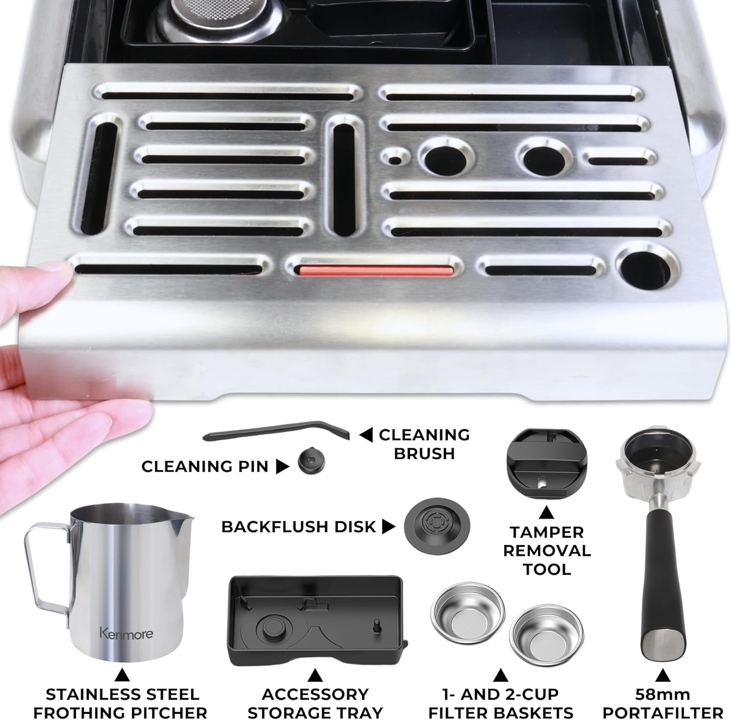 Kenmore Elite Coffee Machine with Grinder | Semi-Automatic Espresso Machine | Auto-Tamping Coffee Maker and Milk Frother | Hands-Free Grinder and Tamp | Stainless Steel image number 6