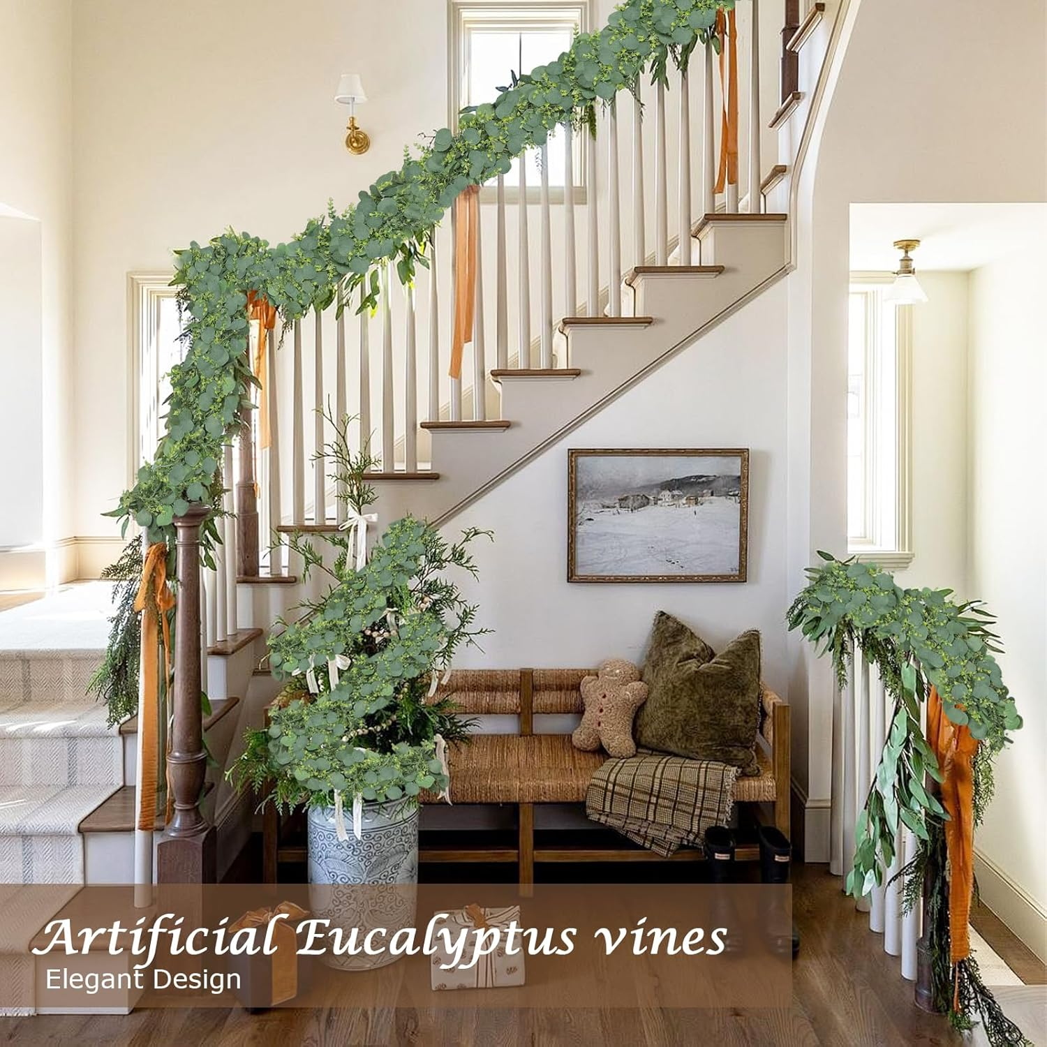 Faux Eucalyptus Garland Plant, 4 Pack Artificial Vines Hanging Eucalyptus Leaves Greenery Garland for Wedding Backdrop Arch Wall Decor, 5.5 Feet/Pcs UV Protected (Green with Spary White) - Green With Spary White image number 5