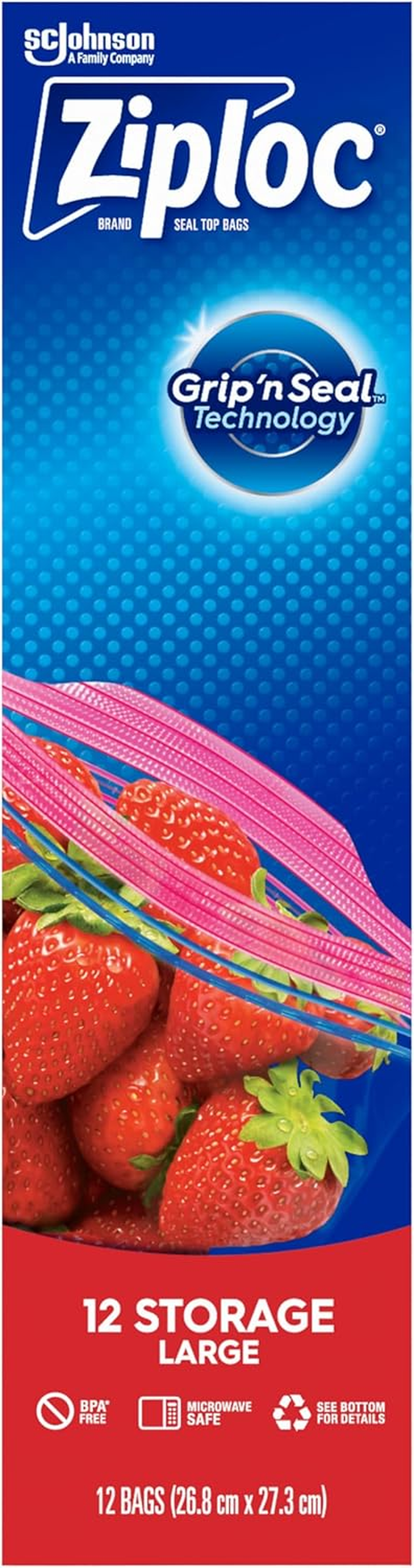 Ziploc Resealable & Reusable Large Storage Bags with Double Zipper, Microwave Safe and BPA Free Plastic, 12-Pack