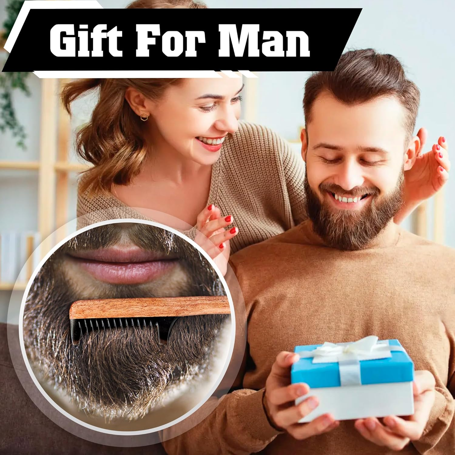 Vtuna 2-In-1 Beard Comb & Brush - Mustache & Beard Comb for Men. Handcrafted from Solid Wood, Buffalo Horn, and Cow Tail Hair. Comes in a Luxurious Velvet Box, Perfect for Gifting.