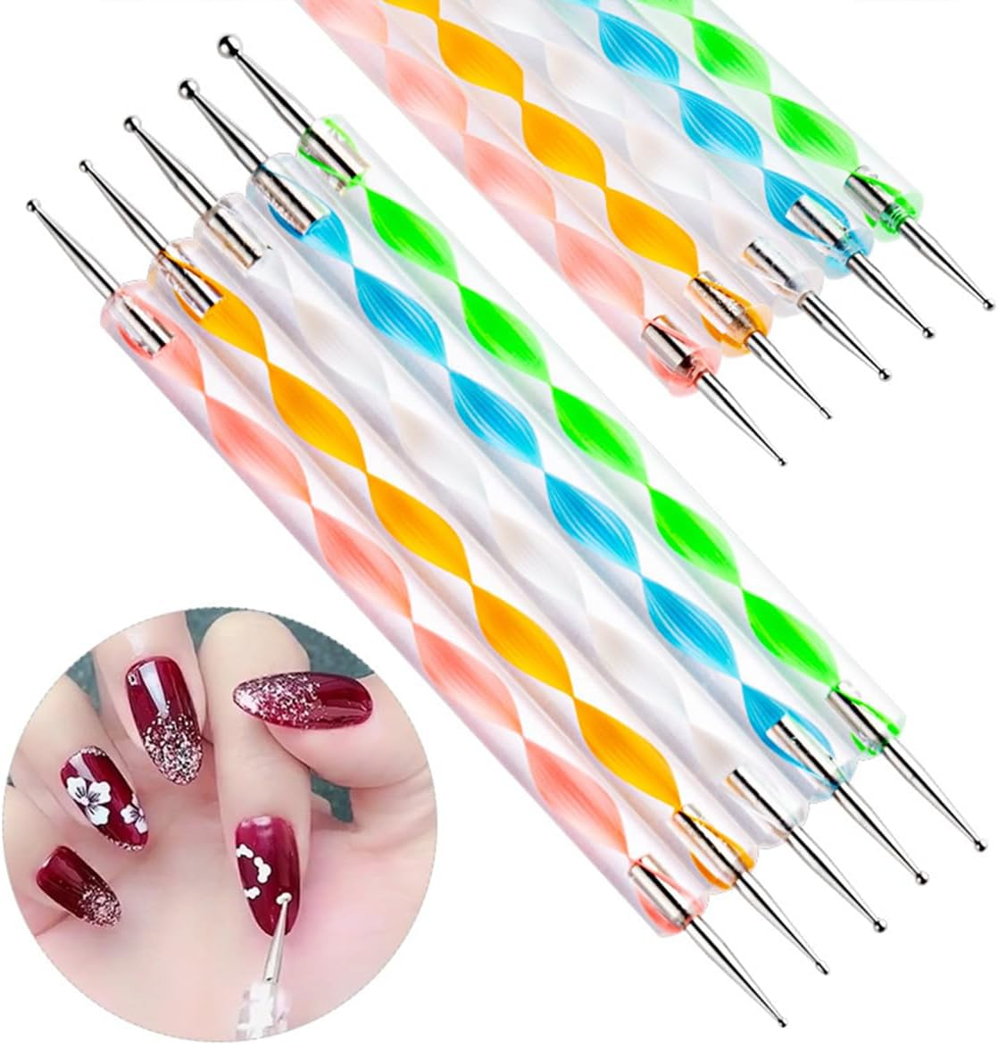 Nail Dotting Tools Kit - 10 Pcs, 5 Double-End Tools, 5 Nail Liner Brushes