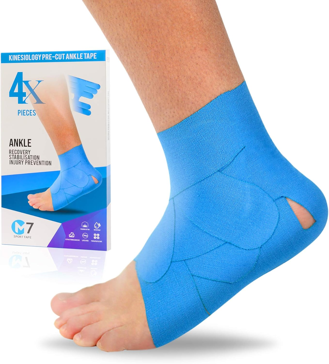 M7 Sport Kinesiology Ankle Tape for Ankle Sprain and Injury Recovery, Kt Tape for Ankle, Pain Relief Therapeutic Tape, Plantar Fasciitis, Waterproof, Eases Swelling (Beige, 4-Pack)