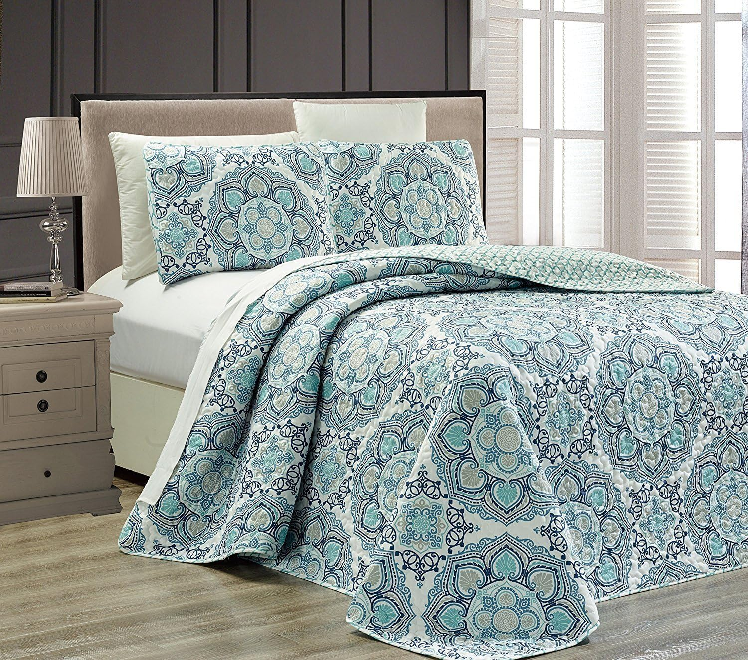 Mk Collection 3Pc Queen Oversize Reversible Quilted Bedspread Set Floral Light Blue White Gray Navy Blue New