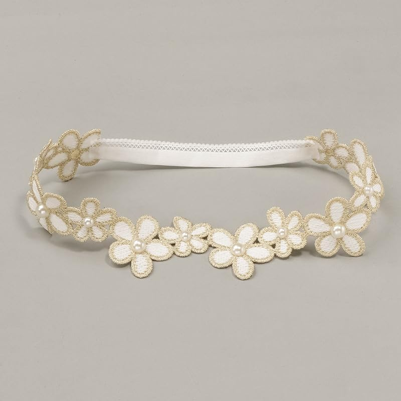Baby Girl Gold Flower Lace Headband Toddler Elastic Floral Hair Band Newborn Infant Soft Lace Baptism Christening Hair Accessories for Birthday Party image number 4
