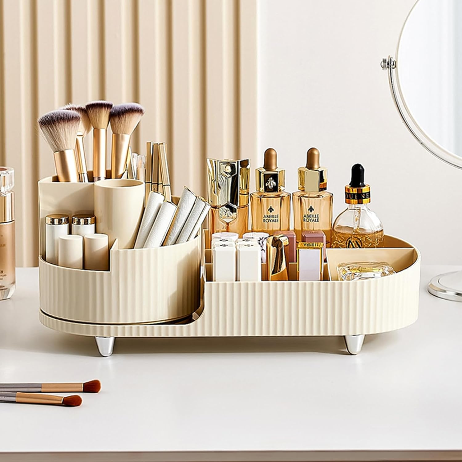 Rotating Makeup Organizer Large Capacity Cosmetic Organiser Desk Dresser and Bathroom Organizer Cosmetics Display Case for Lipsticks,Skincare,Brushes,Nail Care, Jewelry(Creamy White) image number 5