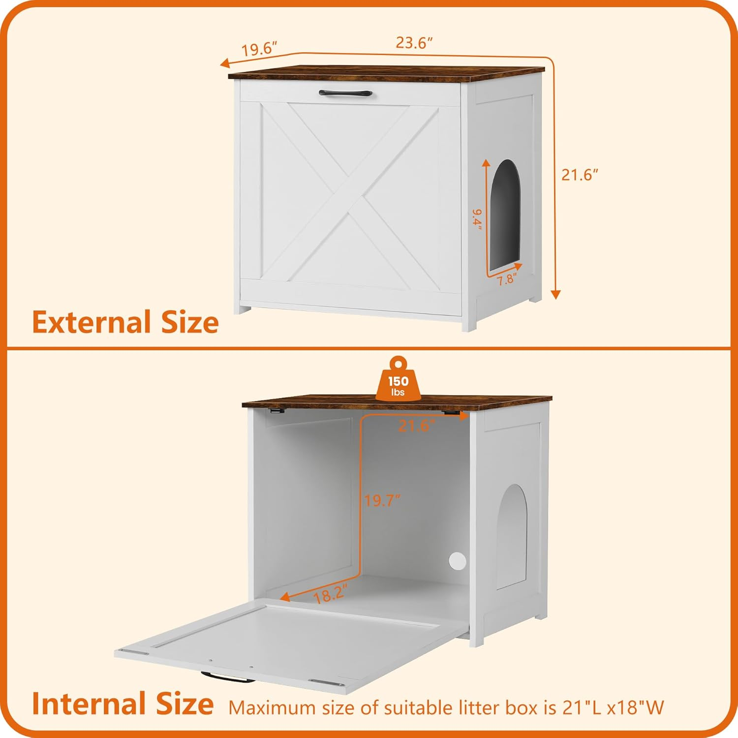 Dwanton Cat Litter Box Furniture Hidden, Cat Litter Box Enclosure, Reversible Entrance Can Be on Left or Right Side, Indoor Cabinet, Wooden Washroom, End Table, White and Rustic Brown, 23.6" L image number 6