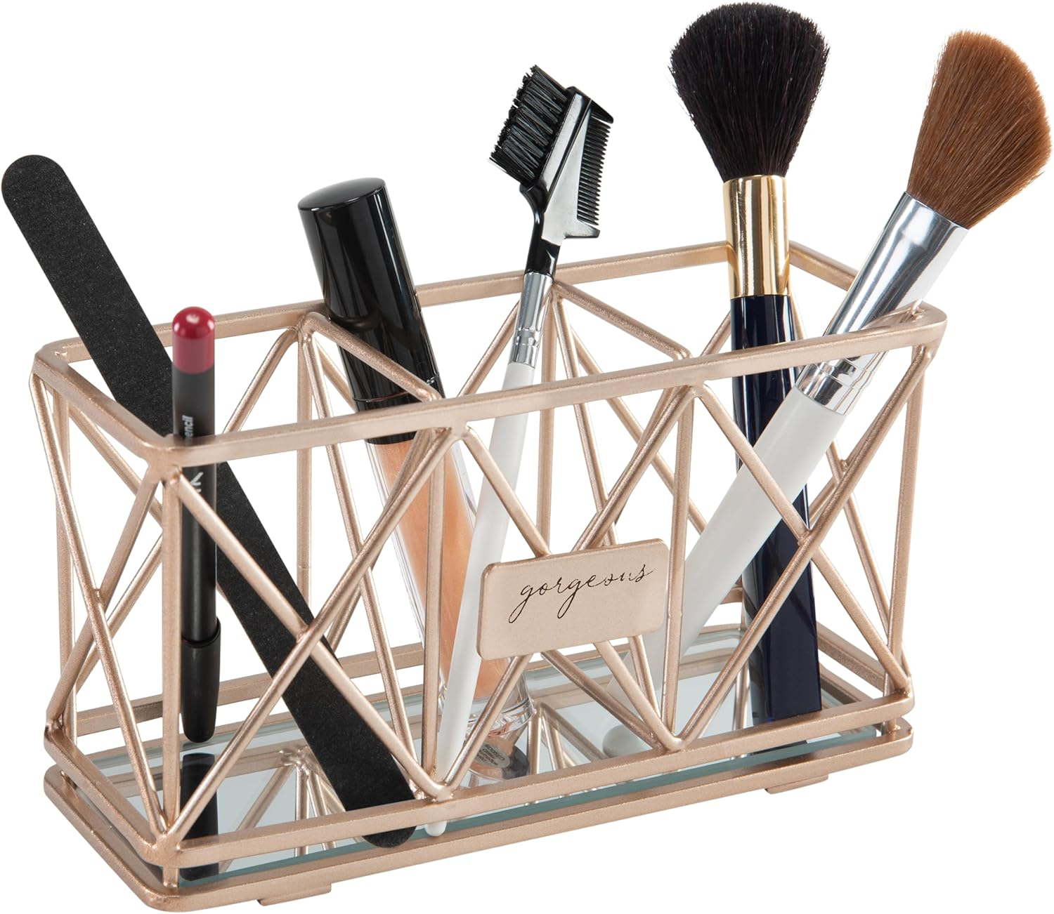 Home Details Mirrored, Pencil, Vanity Organizer, for Closet, Dresser, Bathroom, Office, Stylish Decor 3 Compartment Cosmetic Brush Holder, Rose Gold