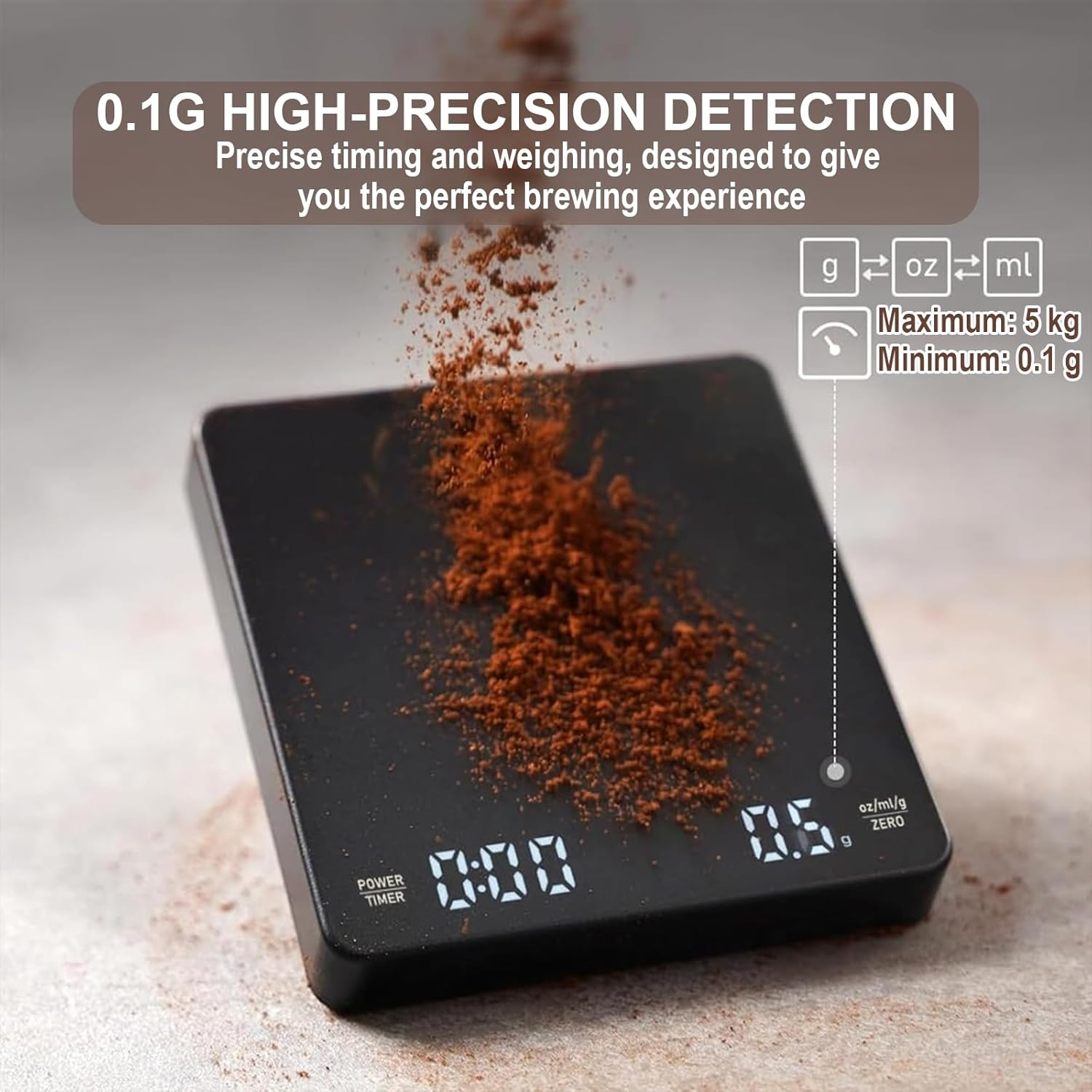 Espresso Scale with Timer, 5Kg/0.1G Electronic Coffee Scale, High Precision, with Waterproof Insulation Pad, Suitable for Hand-Drip Coffee, Espresso, and Kitchen Weighing image number 2