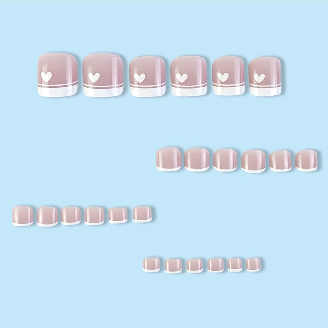 24 PCS French Press on Toenails Heart Design Short Square False Toenails White Glossy Full Cover for Women and Girls