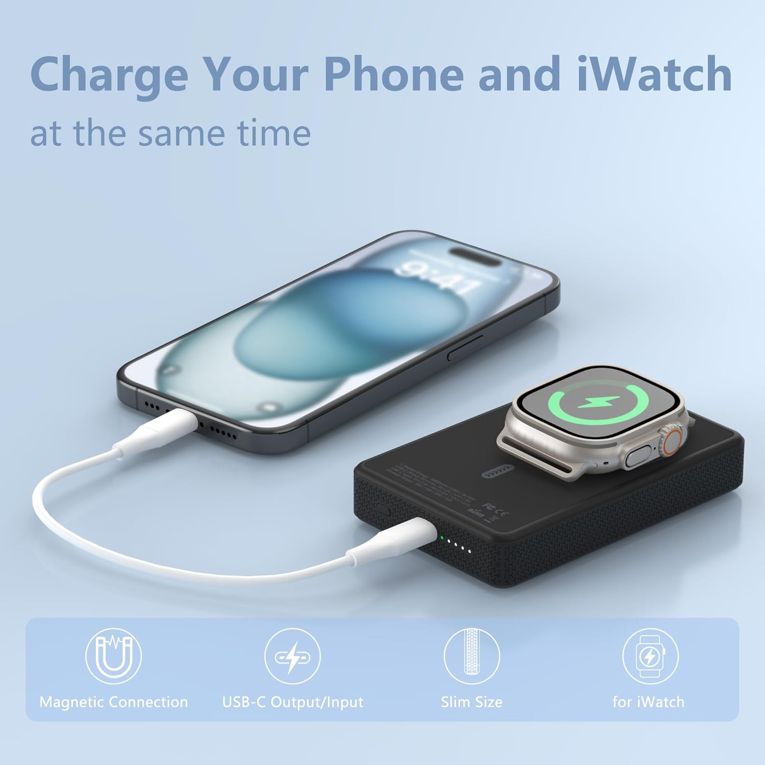 Auskang Magnetic Power Bank, 10000Mah Wireless Fast Charging Portable Charger, Foldable Stand Slim Power Bank, for Apple Watch, Mini Battery Pack Compatible for Iphone 17/16/15/Pro Max Series (Black) image number 1