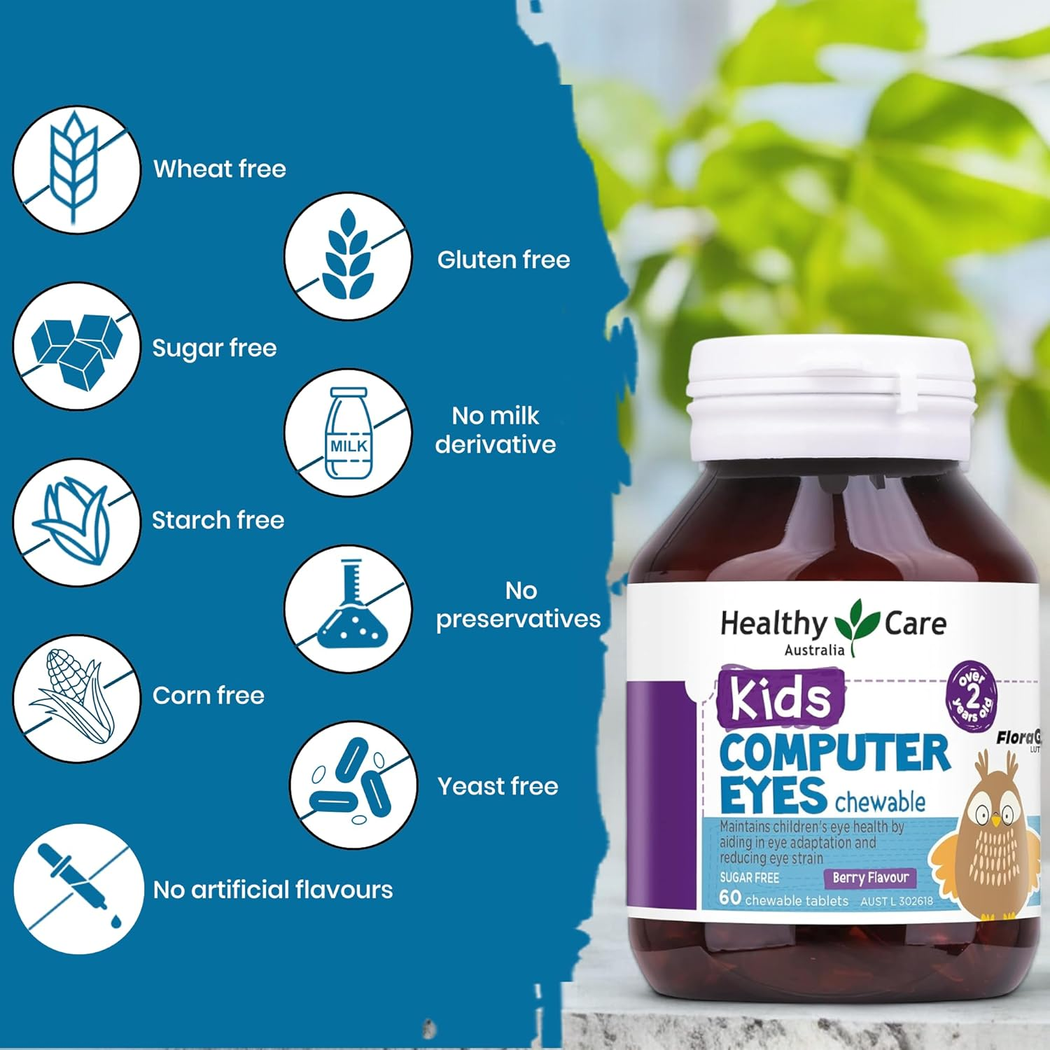 Healthy Care Kids Computer Eyes Chewable Tablets - Supports Eye Health and Provides Strain Relief - Premium Dietary Supplement - All-Natural Ingredients - 60 Tablets - Berry Flavour image number 6