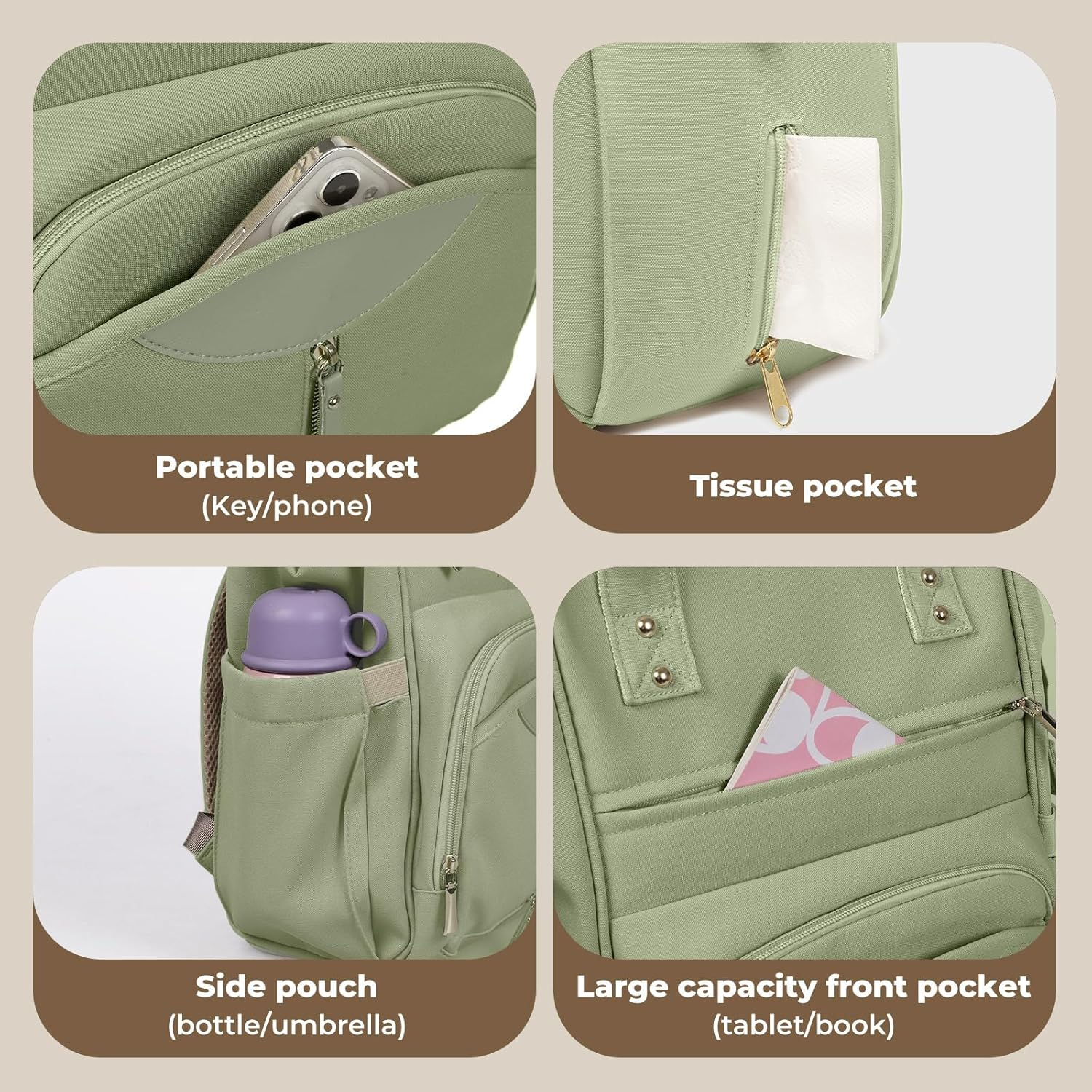 Bopeep Nappy Changing Bag, Multifunctional Waterproof Travel Diaper Bag Backpack with Diaper Changing Pad Baby Care Bag with Stroller Straps Baby Stuff Travel Backpack Green