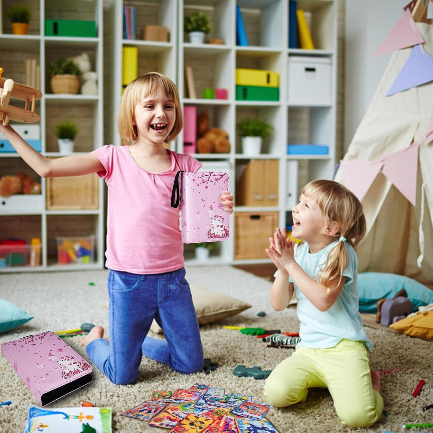 CLOKORIA Card Binder for Girls Gifts,440 Cards Collectible Trading Card Holder Case with 55 Sleeves, 4 Pocket for TCG Game Cards Collection Sports Trading Cards Collector Album (Sakura Cat) - Fish Scales image number 4