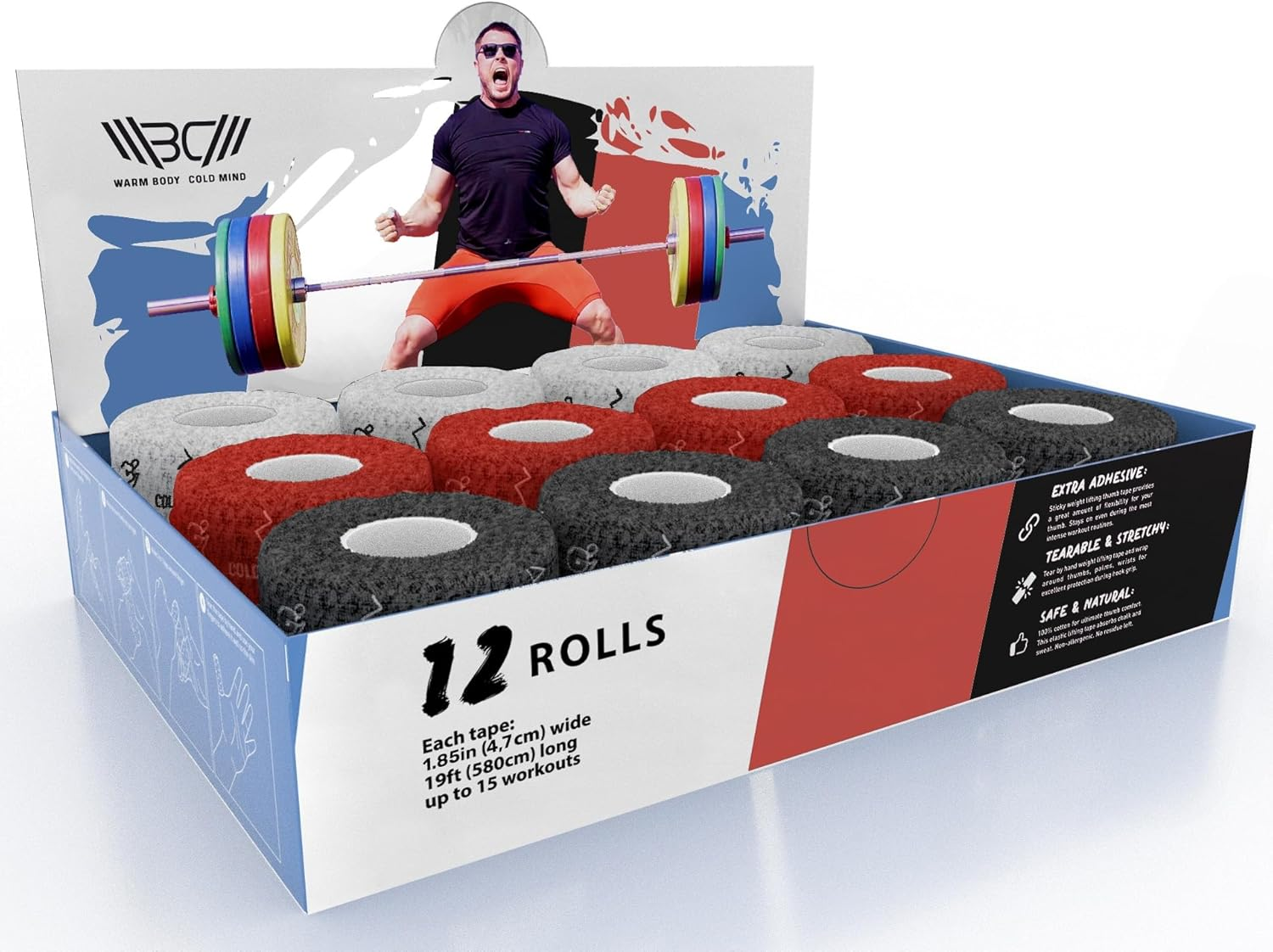 WARM BODY COLD MIND Premium Weightlifting Thumb Tape - Hook Grip Tape for Powerlifting, Cross Training, Gym Tape, Workout, Weight Lifting Tape, Athletic Finger Wrap